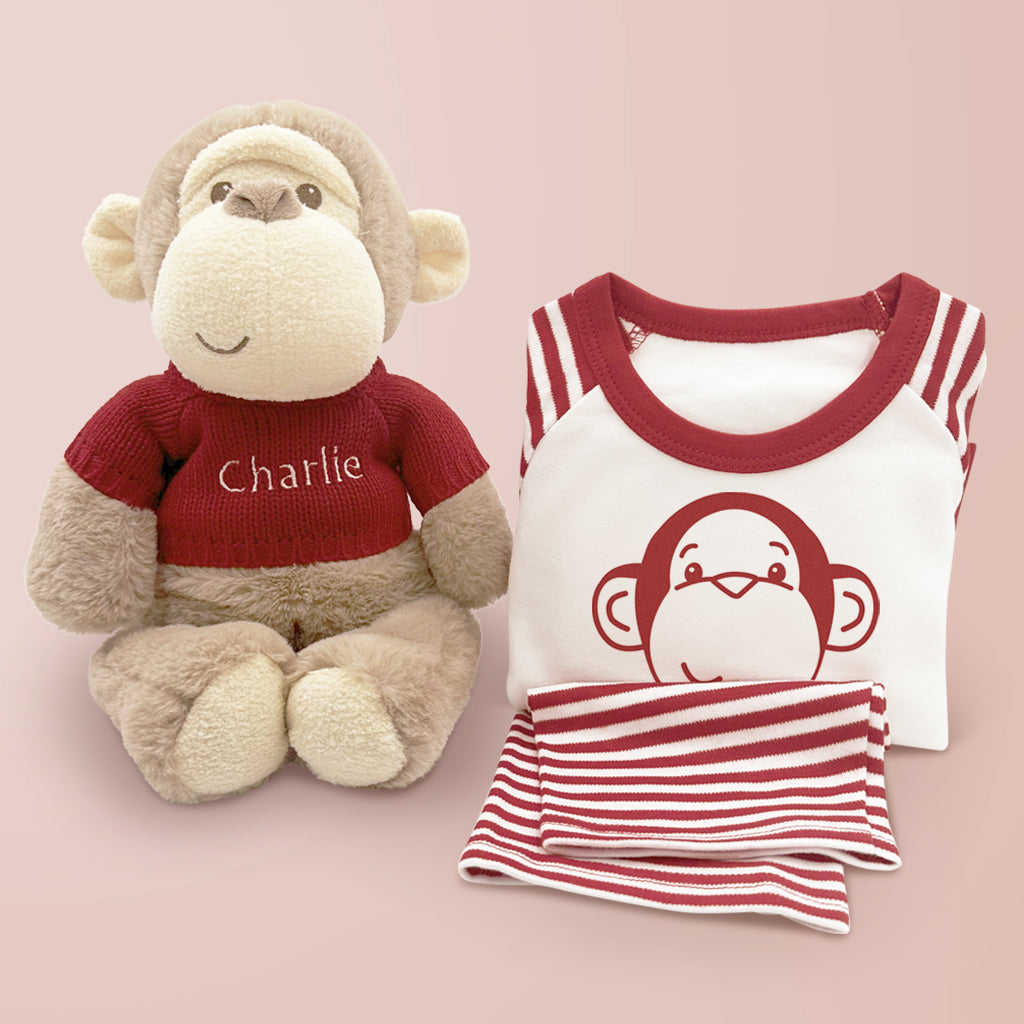 Personalized Morris Monkey Plush Toy with Baby Pajamas - Red | Cute Stuffed Animal Gift for Newborns, Baby Showers & Nursery Decor