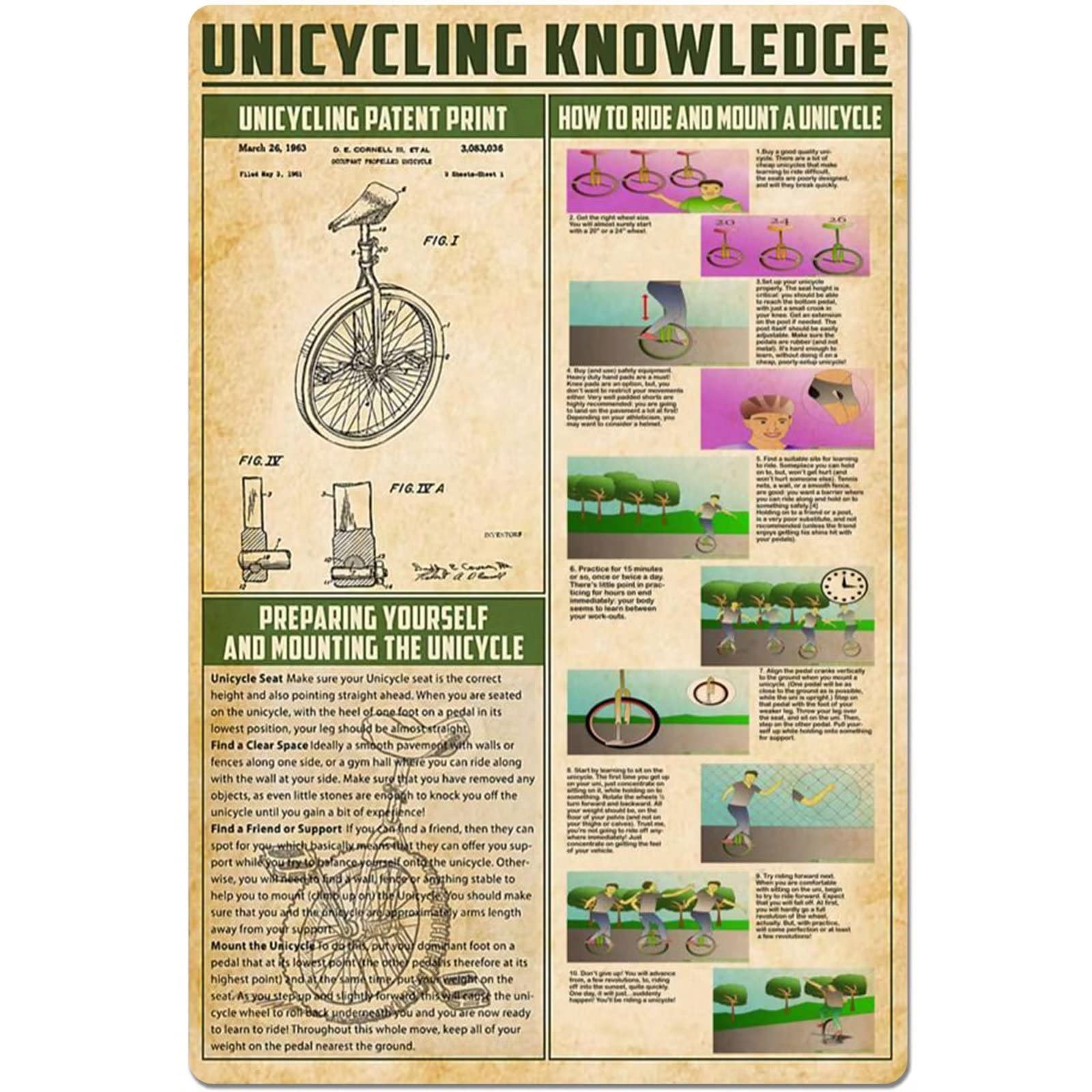 Vintage Unicycling Guide Chart Canvas Print - Frameless Wall Art Poster 8x12 Inch for Home, Gym, Living Room & Bedroom Decor | Perfect for Cycling Enthusiasts & Fitness Motivation
