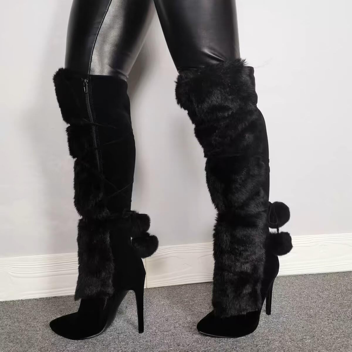 Frankie Hsu Women's Faux Fur Knee High Winter Boots - Sexy Plush Fuzzy Wide Calf Long Boots for Big Size US 4-14 - Perfect for Cold Weather, Snow Days & Fashion Outfits