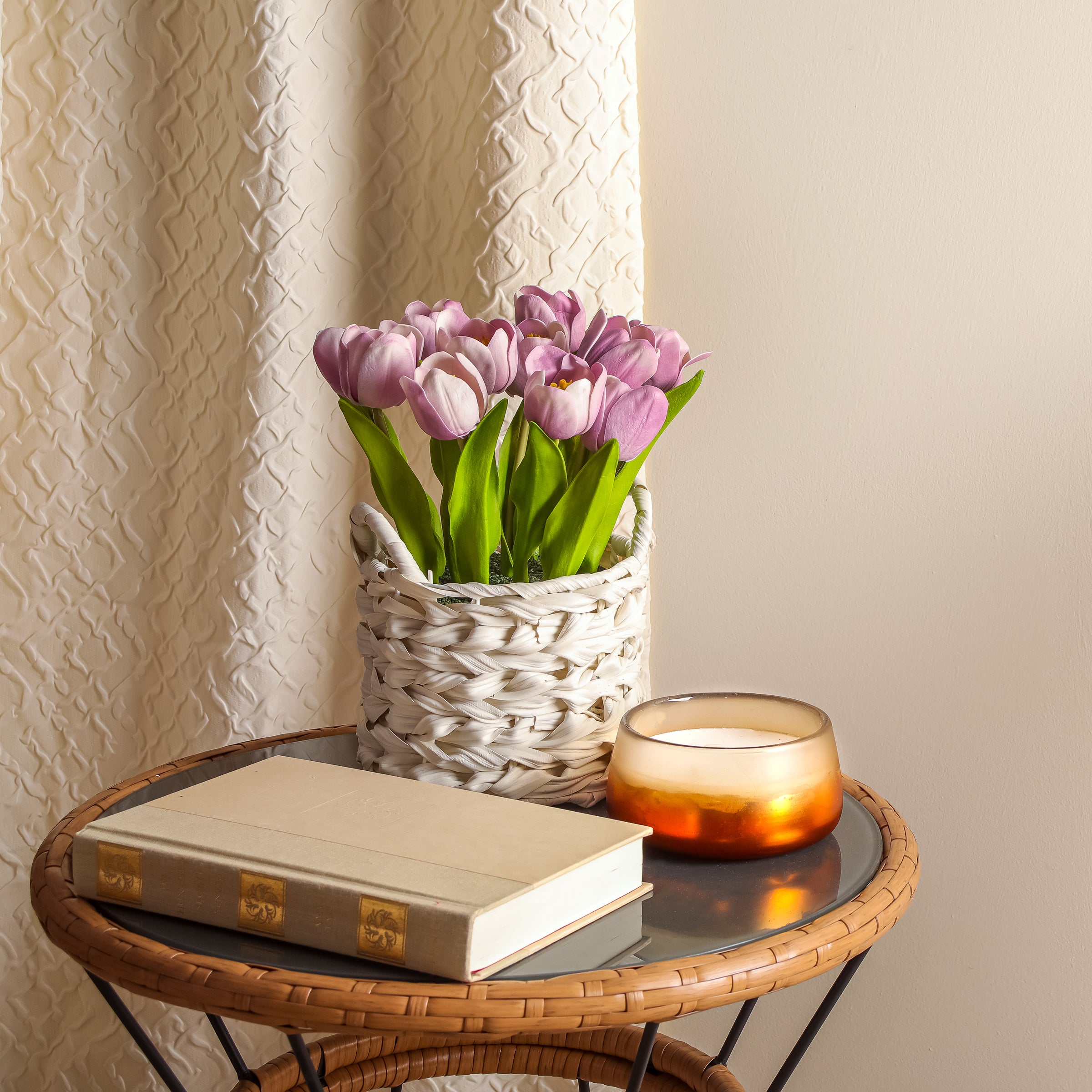 10 Inch Spring Mauve Tulip Bouquet in White Basket - Perfect for Home Decor, Wedding Centerpieces & Mother's Day Gifts