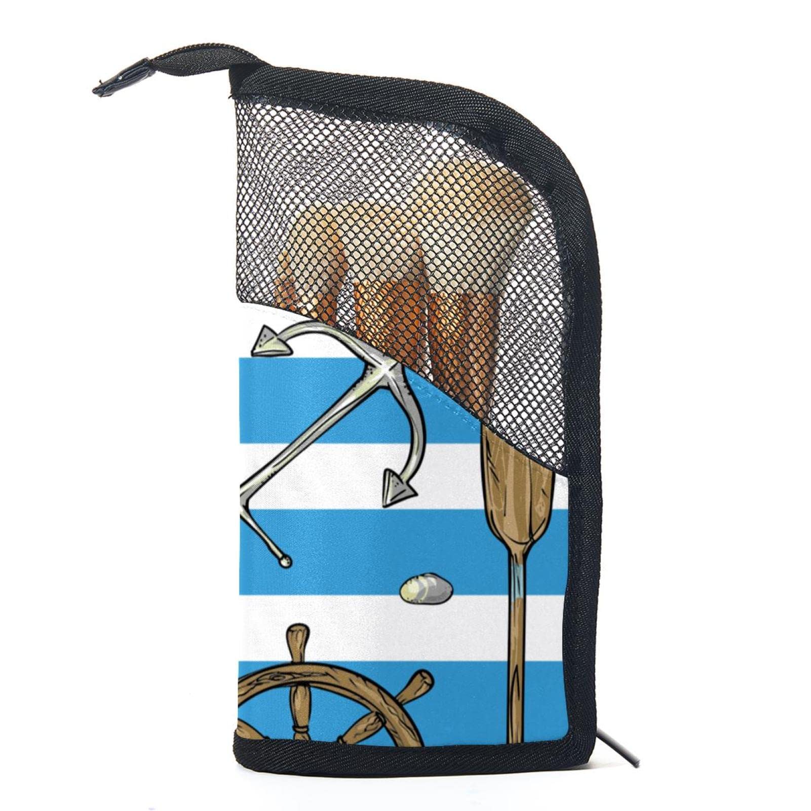 12-Piece Makeup Brush Organizer Bag with Marine Blue Striped Anchor Design - Portable Waterproof Cosmetic Brush Holder Case for Travel, Home & Professional Use