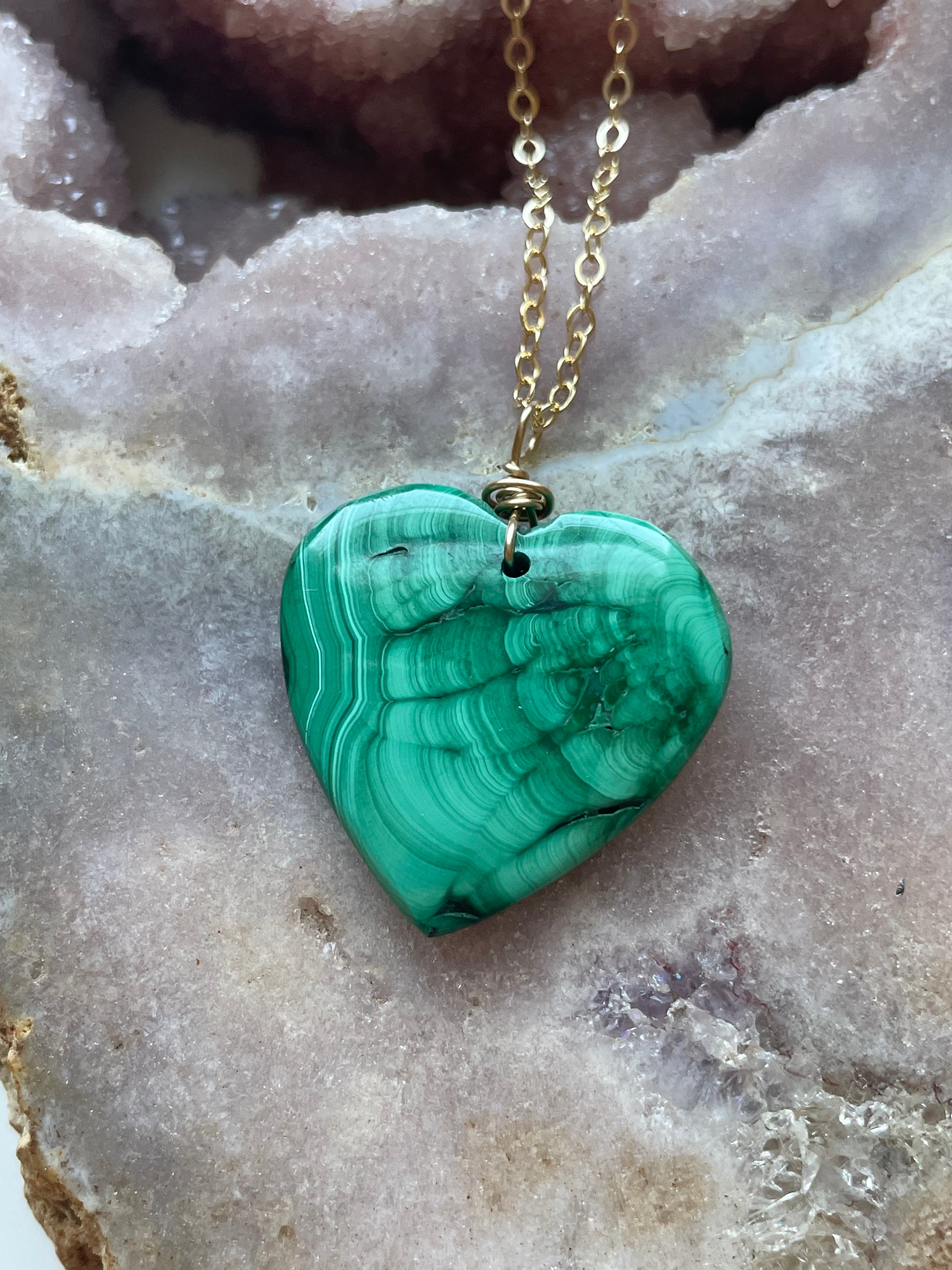 Malachite Heart Crystal Pendant Necklace - 14kt Gold Filled 16 Inch Chain - Spiritual Healing Jewelry for Women - Perfect Gift for Valentine's Day, Anniversary & Special Occasions