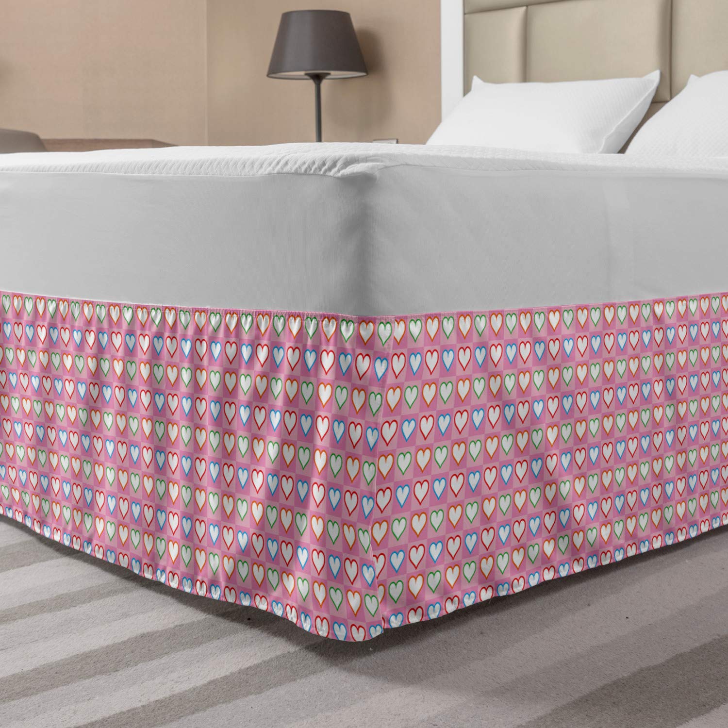 Ambesonne Valentine's Day Bed Skirt - Pink Heart Pattern Elastic Dust Ruffle Wrap Around Bedskirt for King Size Beds | Romantic Bedroom Decor for Couples & Anniversary Gifts