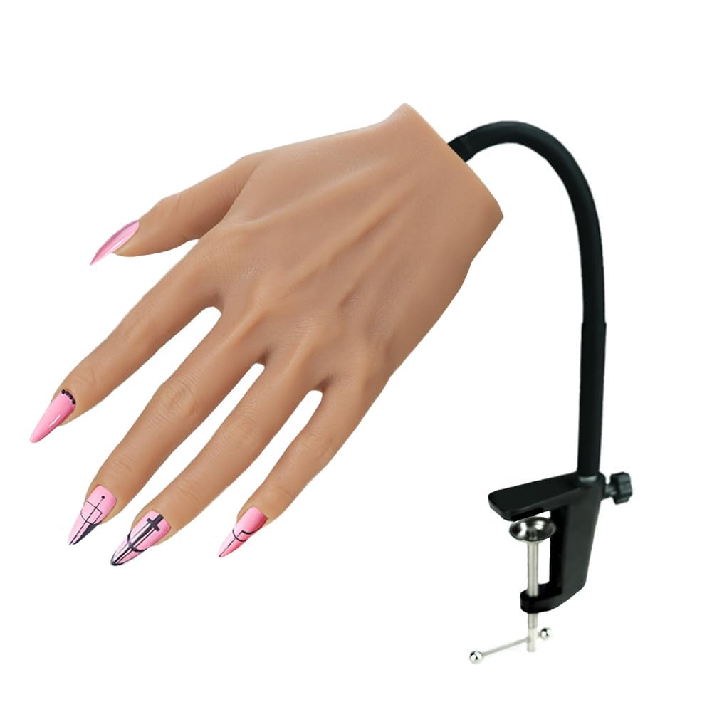 Flexible Silicone Practice Hand for Acrylic Nails - Left Hand Mannequin with Stand | Bendable Fake Hand for Nail Art Training & Practice | Perfect for Beginners, Professionals & Salon Use