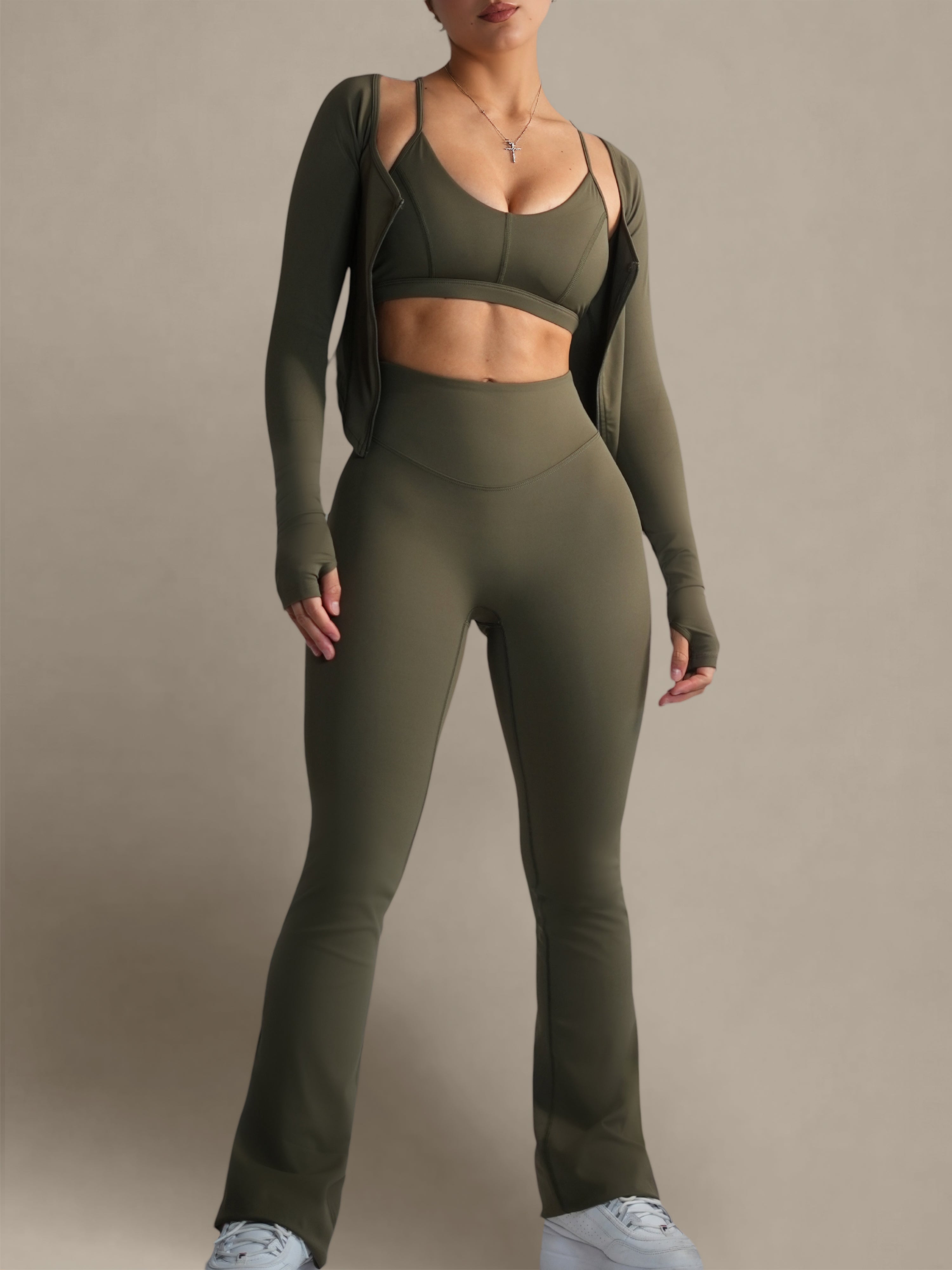 Bratty High Waisted Flare Leggings for Women - Olive Green Yoga Pants, Stretchy Bootcut Workout Leggings - Perfect for Yoga, Gym & Casual Wear
