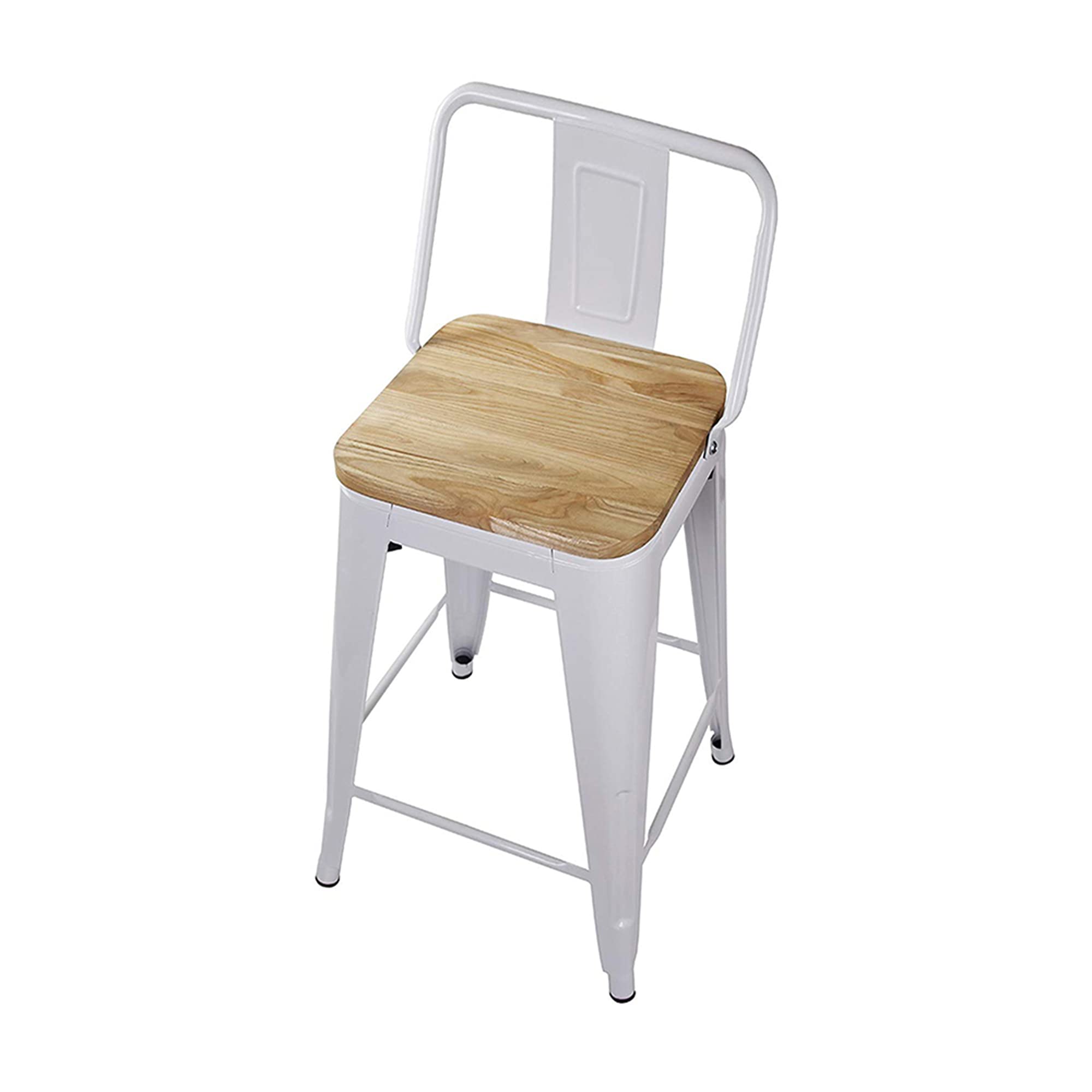 LEEJAY Commercial Grade Indoor Metal Bar Stools Set of 4 - 24 Inch High Back White Counter Height Barstools with Light Wooden Top, 12