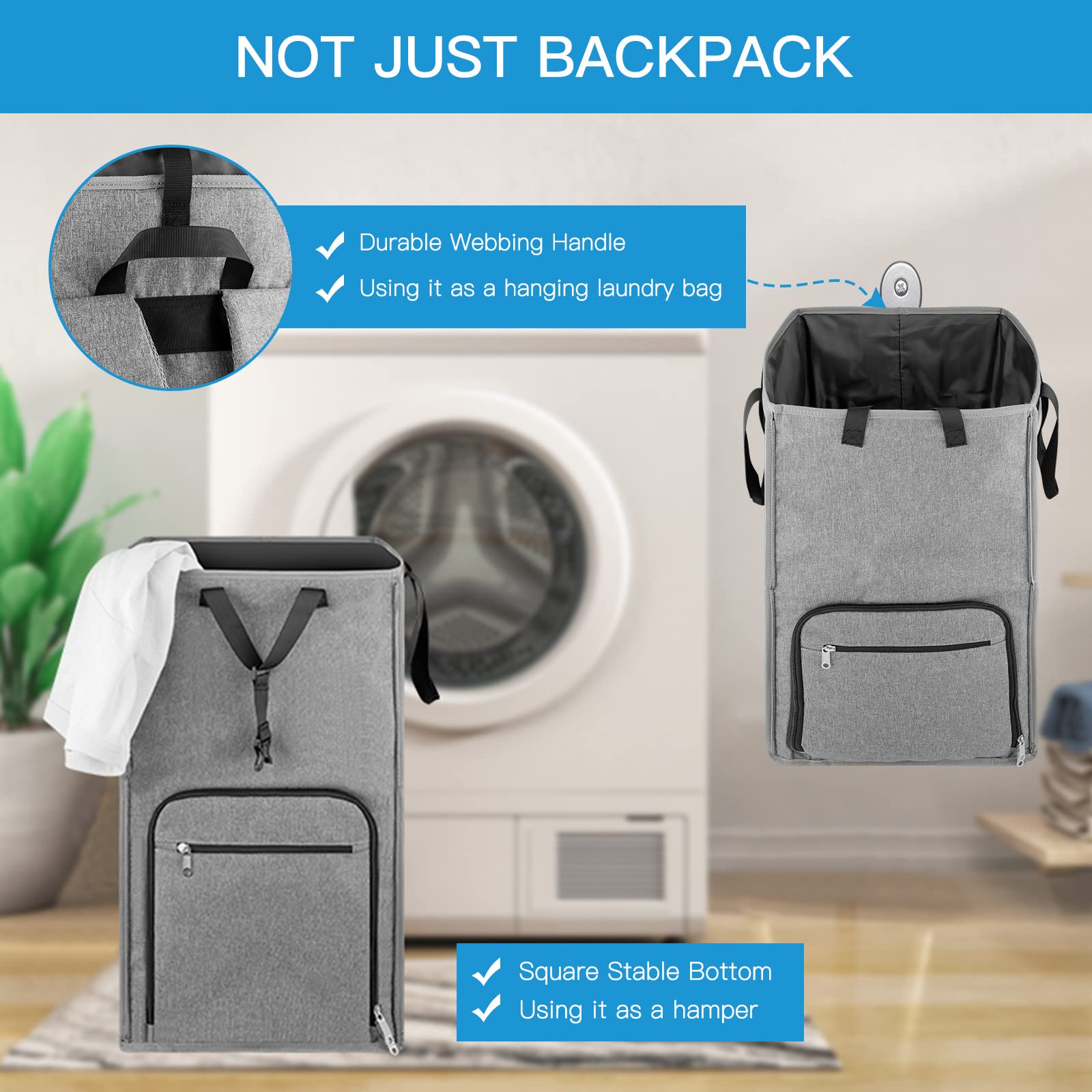 Bukere Extra Large 2-in-1 Laundry Backpack & Hamper Basket - Adjustable Shoulder Straps for College Dorm, Apartment & Travel - Freestanding Laundry Bag for Laundromat, Camping & Gym Use