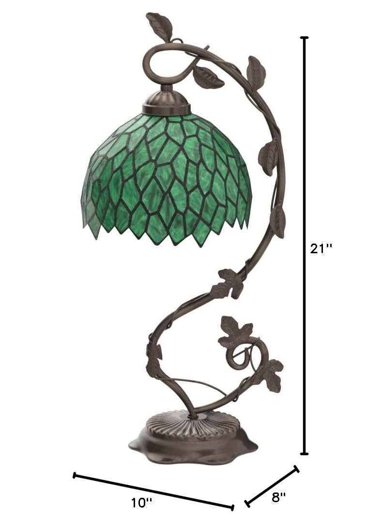 Tiffany Style Stained Glass Table Lamp - Green Wisteria Design with Metal Leaf Base, 8x10x21 Inches, Perfect for Bedroom, Home Office, Reading Light, Small Space Decor (S523 Series) | Elegant Lighting for Cozy Nights & Workspaces