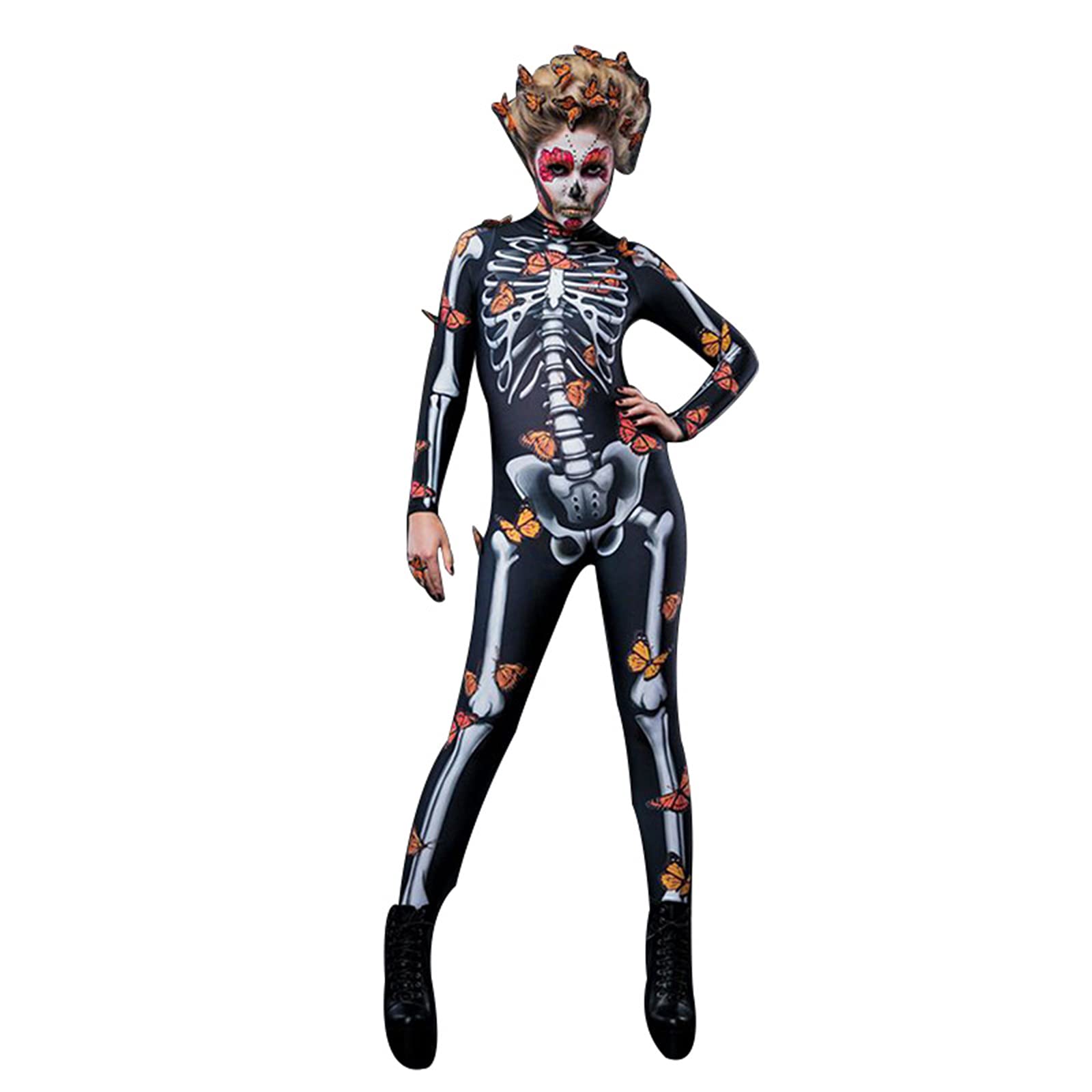 Women's Christmas Red Jumpsuit Costume - Long Sleeve High Neck 3D Skeleton Bodysuit | Sexy Bodycon Jumpsuit for Holiday Parties, Halloween & Cosplay | Stretchy Black Neon Outfit for Women