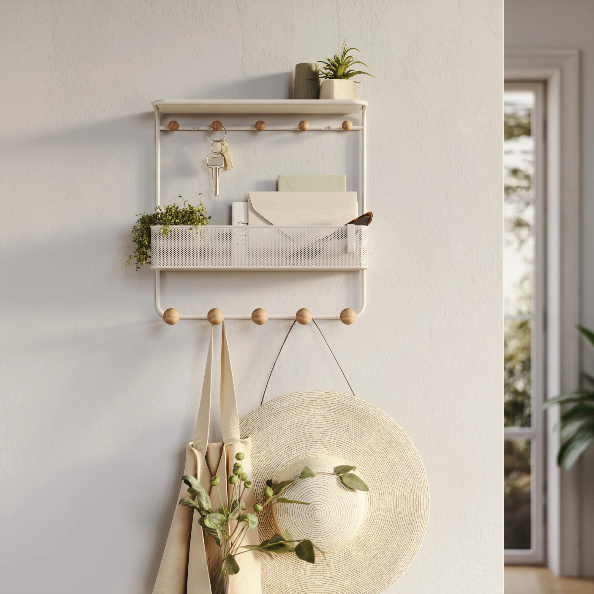 Estique Wall Shelf with Hooks - Space Saving Storage Organizer for Bathroom, Kitchen, Bedroom & Office