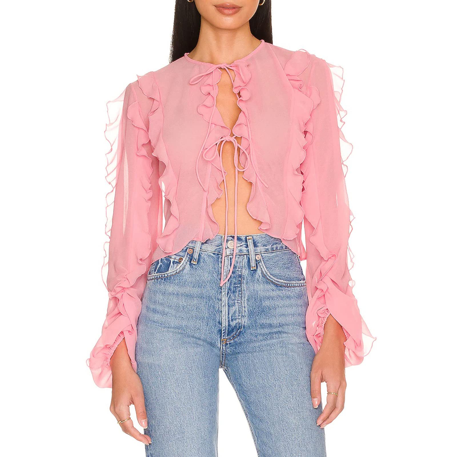 Women's Tie Front Sheer Lace Long Sleeve Chiffon Bolero Cardigan - Lightweight Summer Cropped Shrug with Ruffles | Perfect for Beach Cover-ups, Evening Wear & Layering Outfits