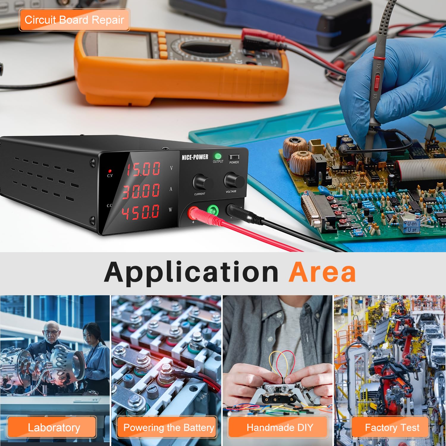 NICE-POWER 450W Adjustable DC Power Supply, 15V 30A Variable Lab Bench Power Supply with Encoder Knob & Output Switch - Precision Switching Regulated Power Supply for Electronics Repair, Testing, and DIY Projects | Ideal for Home Labs, Workshops, and Professional Use