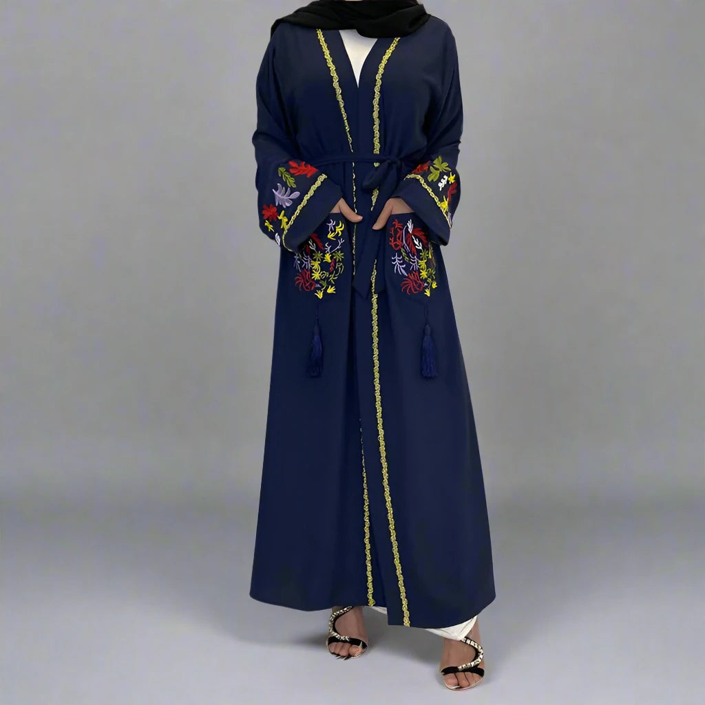 Elegant Muslim Women's Embroidery Open Abaya Dress - Modest Islamic Clothing for Prayer, Mosque & Special Occasions