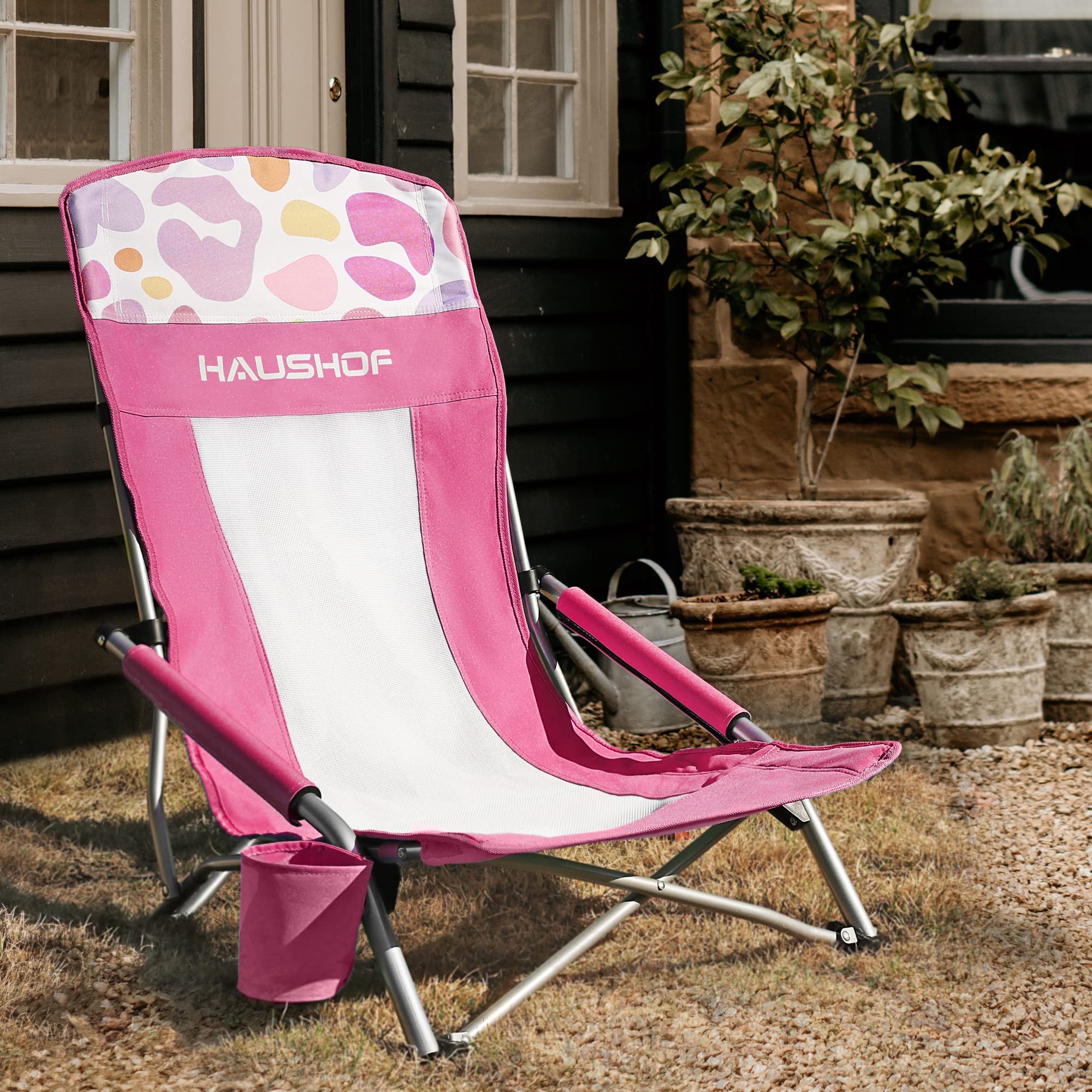 HAUSHOF 2-Pack High Back Beach Chairs - Lightweight Folding Camping Chairs with Mesh Back, Cup Holder & Carry Bag - Padded Armrest for Outdoor, Beach, Lawn, Camping, Picnic & Festival Use