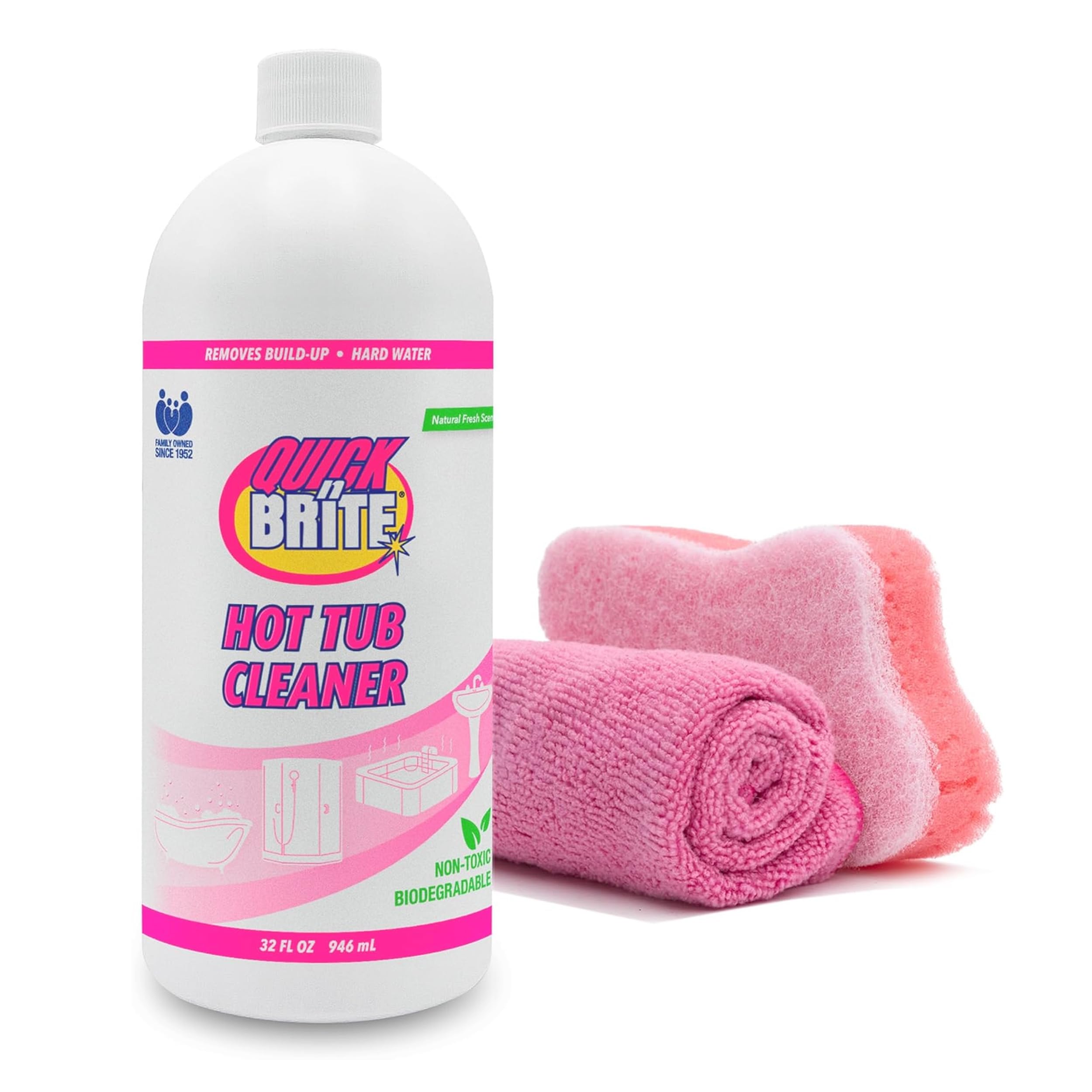 Quick N Brite Heavy Duty Hot Tub Cleaner Kit - Non-Abrasive Cleaning Gel with Sponge & Microfiber Cloth, 32 oz | Removes Stains, Scum & Buildup | Safe for All Hot Tub Surfaces | Ideal for Jacuzzis, Spas & Whirlpools (Packaging May Vary)
