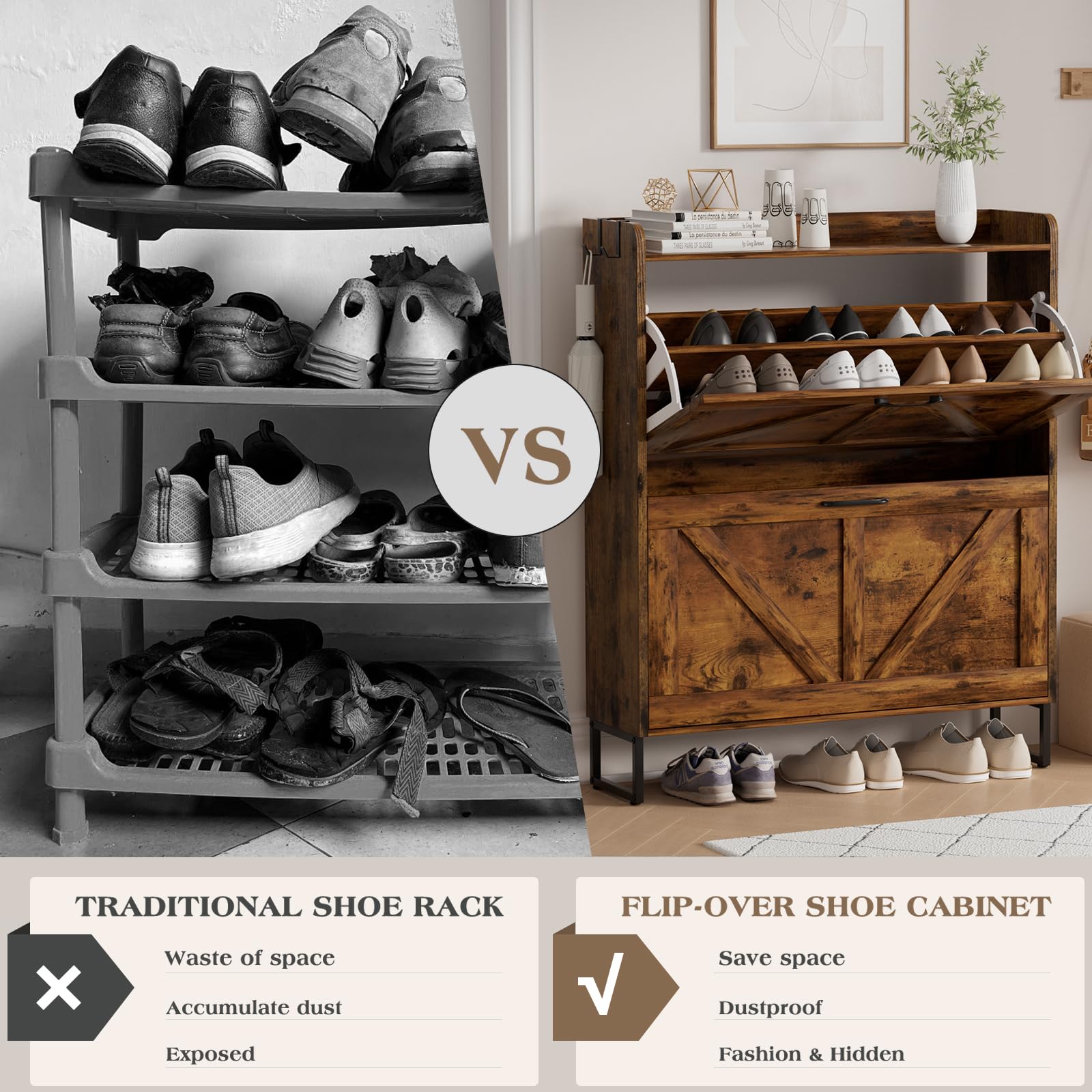 EOYUTLLY Narrow Shoe Cabinet for Entryway - Freestanding Shoe Storage Organizer with 2 Flip Drawers, Rustic Brown Finish & Metal Legs - Perfect for Small Spaces, Hallway, Closet, or Apartment Organization