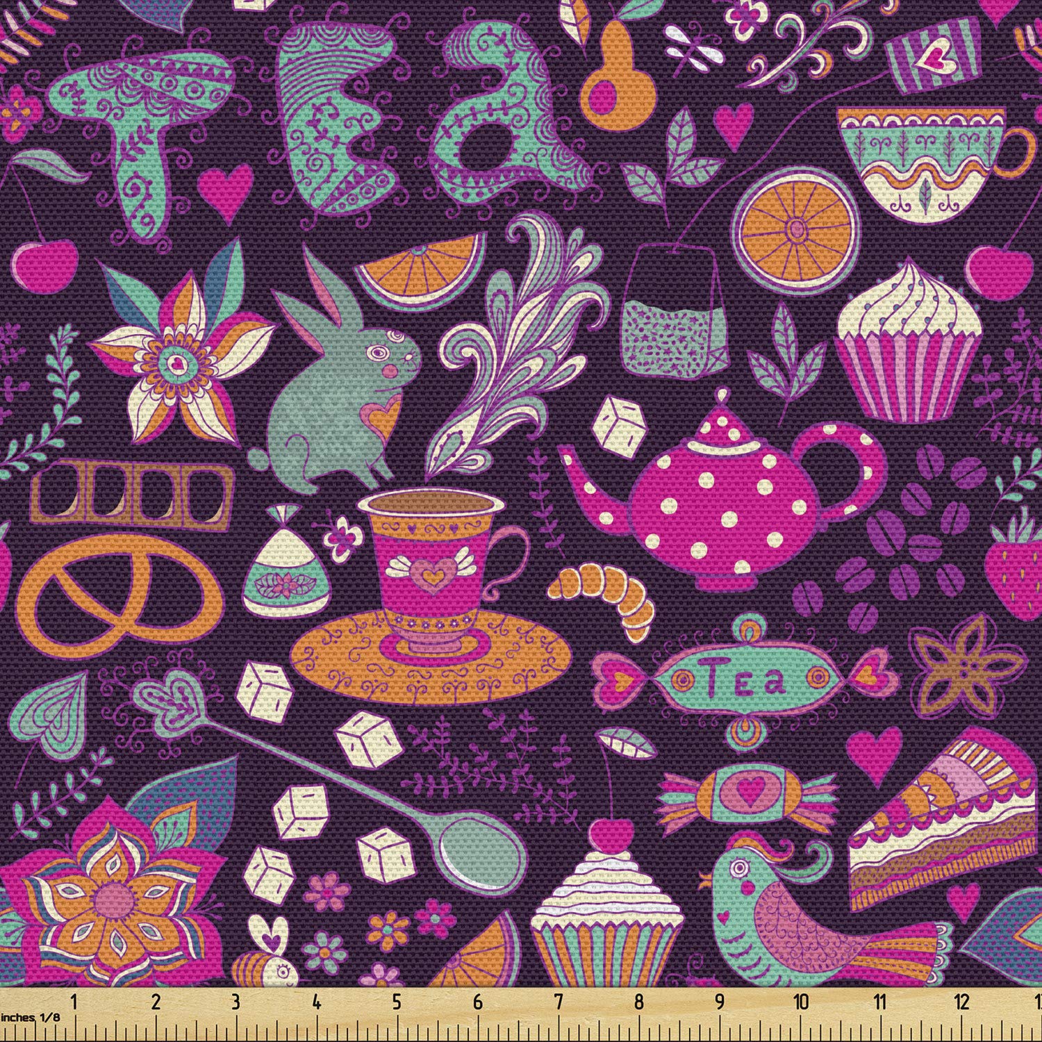 Ambesonne Tea Party Fabric by The Yard - Vibrant Abstract Tea Cupcakes Sugar Teacups Print - 10 Yards Multicolor Upholstery & Home Decor Fabric for Curtains, Pillows, Tablecloths (Perfect for Tea-Themed Parties, Kitchen Decor & Craft Projects)