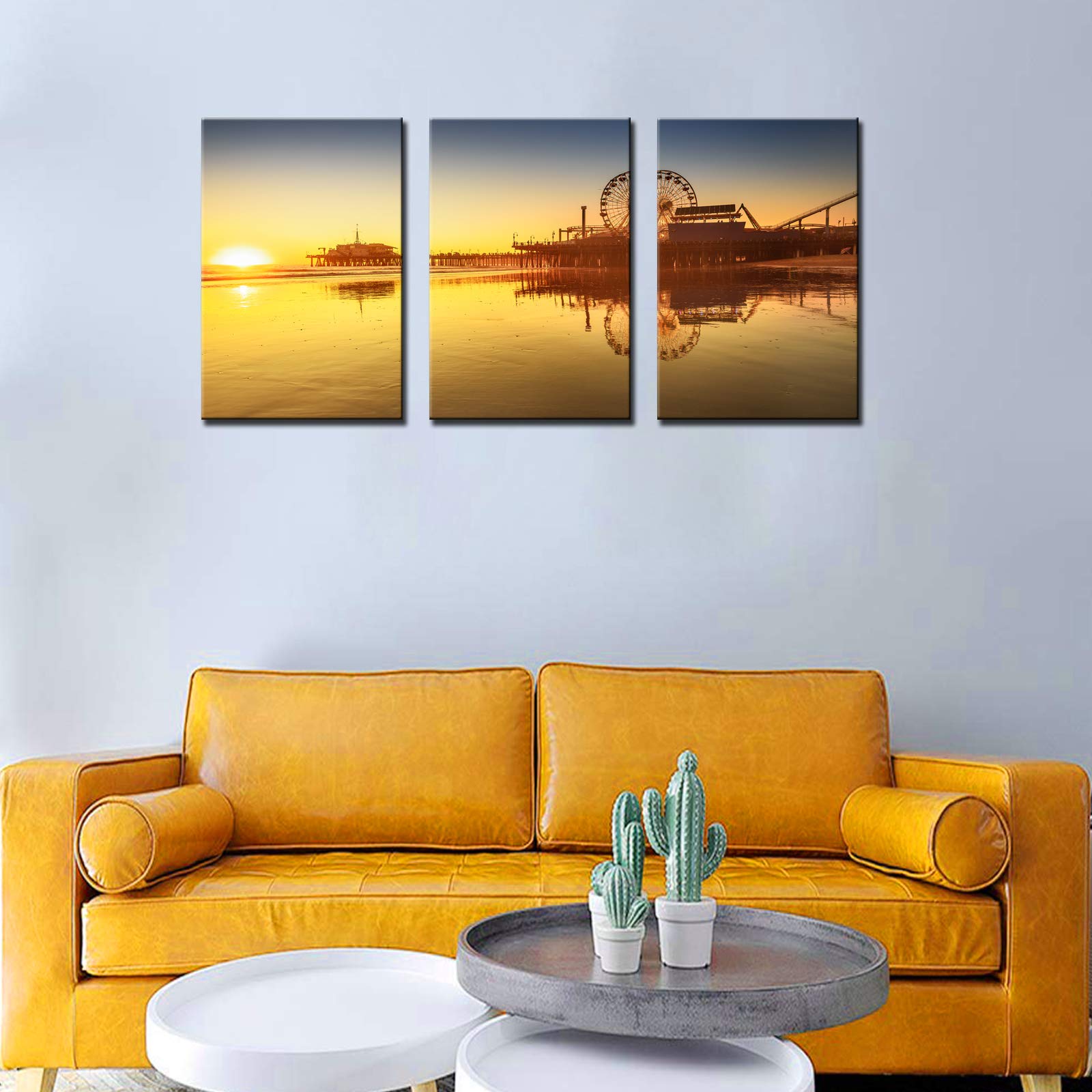 Native American Inspired Santa Monica Beach Pier Seascape Canvas Wall Art - 3 Piece Framed Giclee Print Set (48