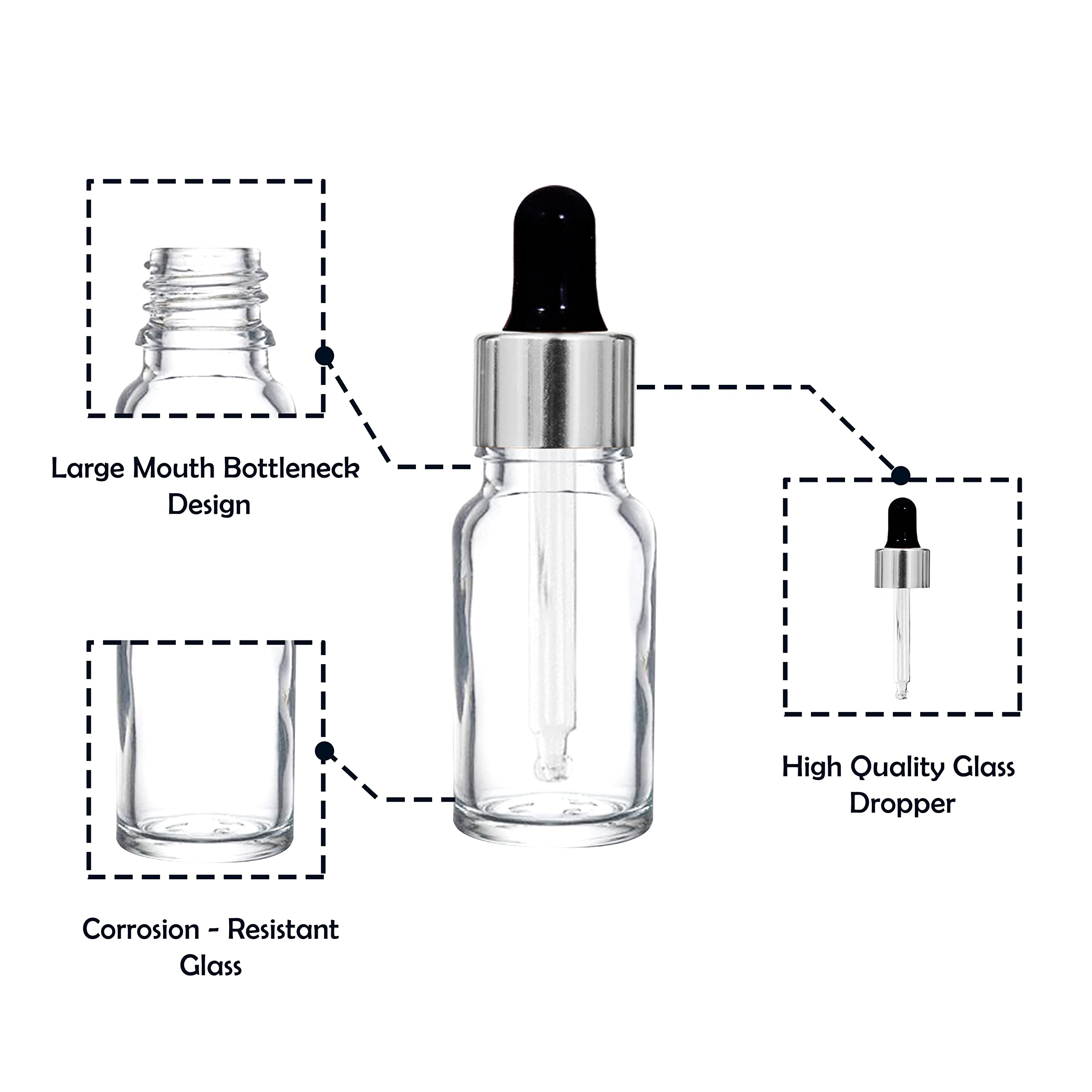 NSB Herbals 10ml Clear Round Empty Glass Bottle with Glass Dropper, Silver Ring & Black Silicone Teat - Refillable for Essential Oils, Perfumes, Aromatherapy (Pack of 3) - Perfect for DIY Blends, Travel Size & Home Fragrance