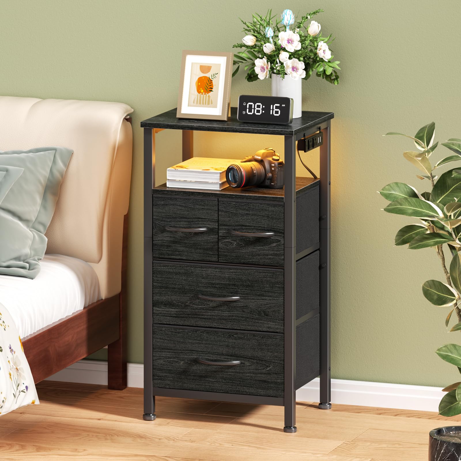 Furnulem Tall Nightstand with USB Charging Station & LED Light, Small Dresser with Open Shelf & 4 Storage Drawers - Black Fabric Bedside Table for Bedroom, Living Room, Entryway | Perfect for Phone Charging, Reading Light & Bedroom Storage Organization