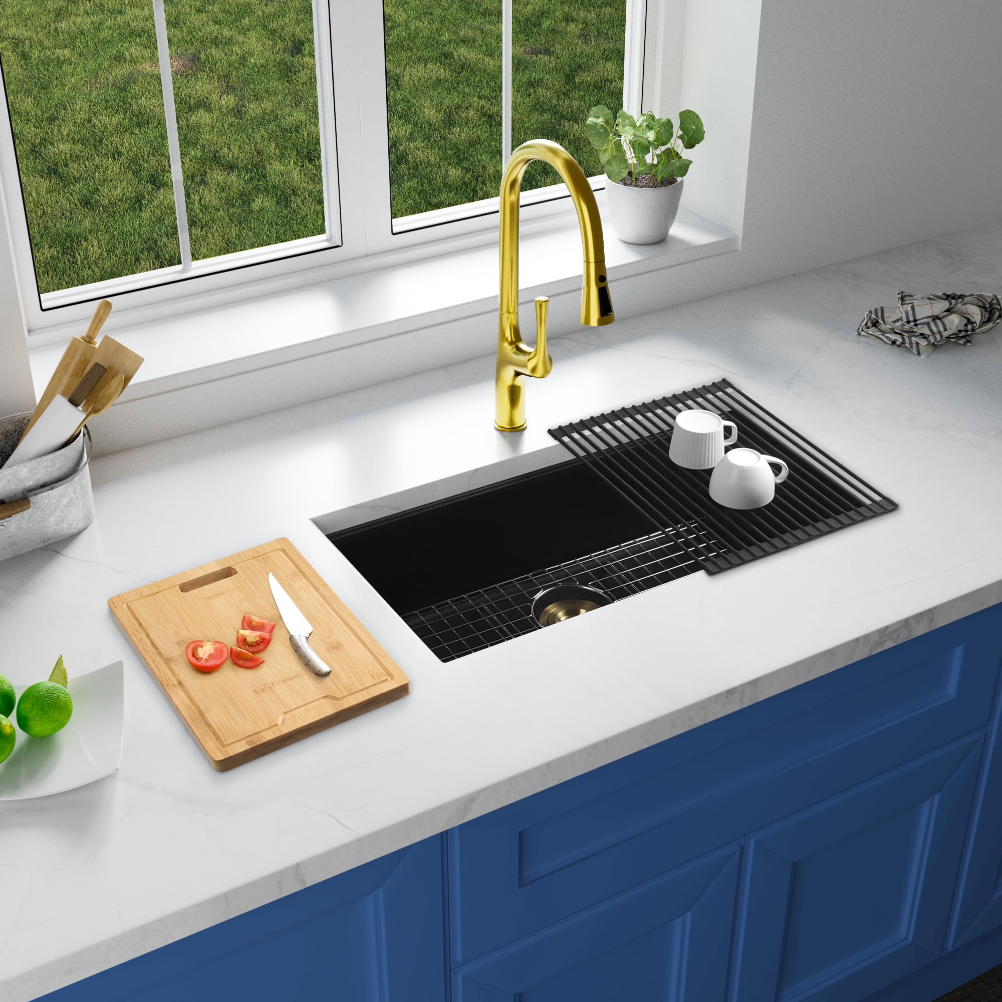 25-Inch Black Undermount Kitchen Sink - Large Deep Quartz Composite Single Bowl Workstation with Accessories - Perfect for Utility, Laundry & Heavy-Duty Cooking - Durable & Stylish (25.59