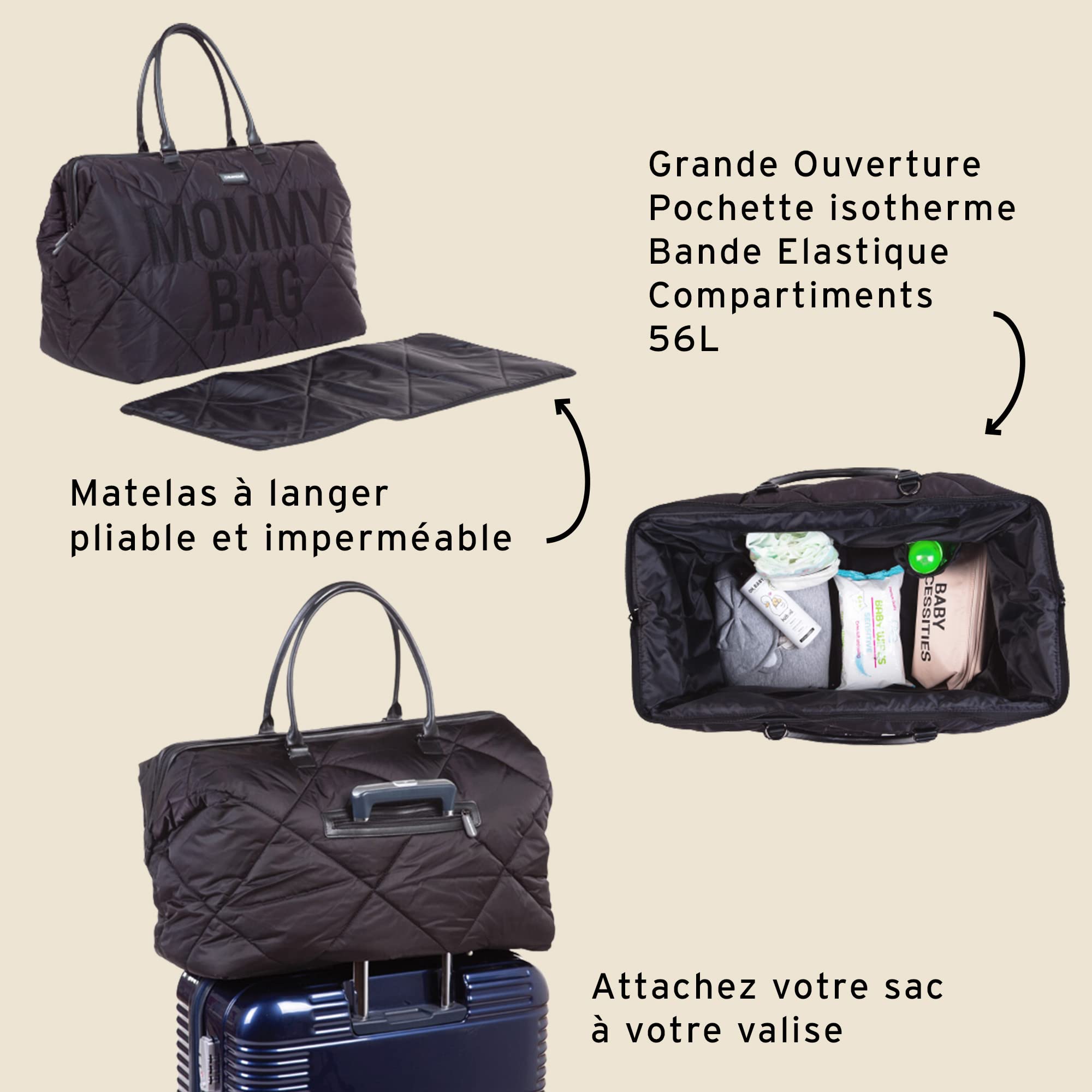 **The Original Mommy Bag by Childhome - Large Baby Diaper Bag & Hospital Bag for Moms, Spacious Tote for Travel & Essentials, Pregnancy Must-Haves (Puffered Black) - Perfect for Newborn Care, Maternity Trips & Everyday Use**