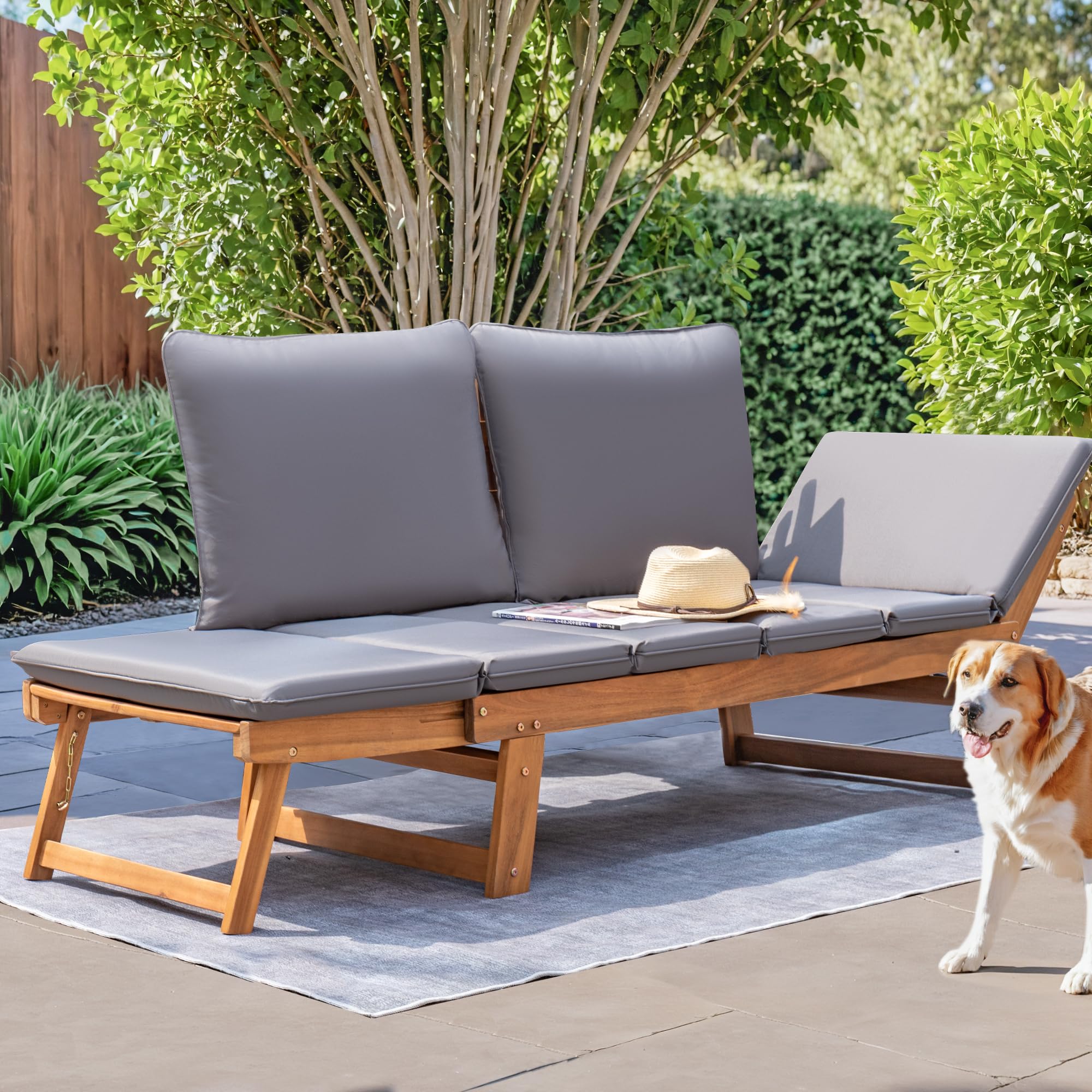 Devoko Outdoor Couch - Acacia Wood Patio Sofa with Adjustable Armrests & Removable Cushions - Convertible Lounge Furniture for Patio, Porch, Poolside, Garden (Grey) - Perfect for Relaxing, Sunbathing and Outdoor Entertaining