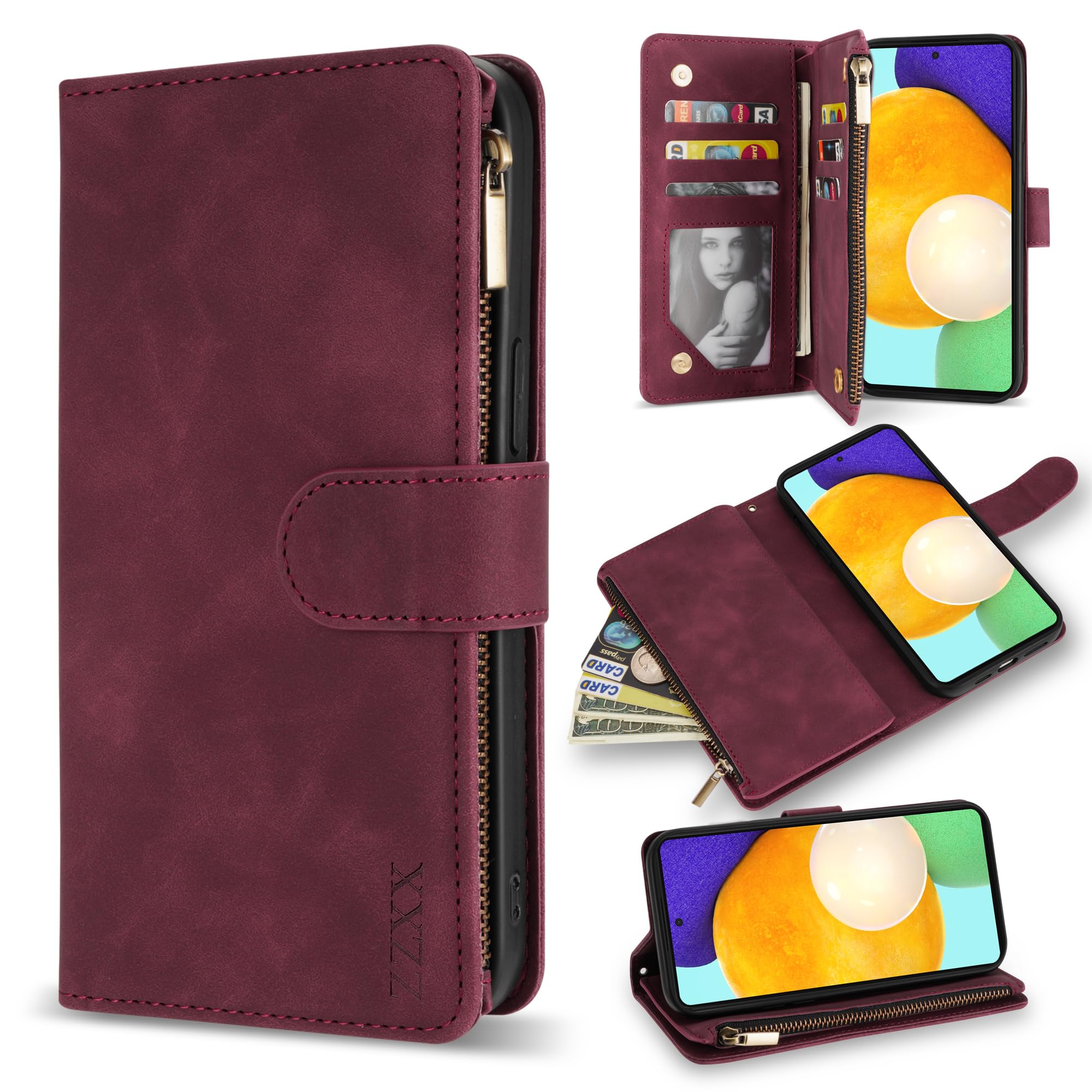 Premium PU Leather Wallet Case for Samsung Galaxy A52 5G (6.5 Inch) - Card Slots, Zipper Closure, Wrist Strap & Kickstand | Protective Flip Folio Cover for Daily Use, Travel & Business (Wine Red)