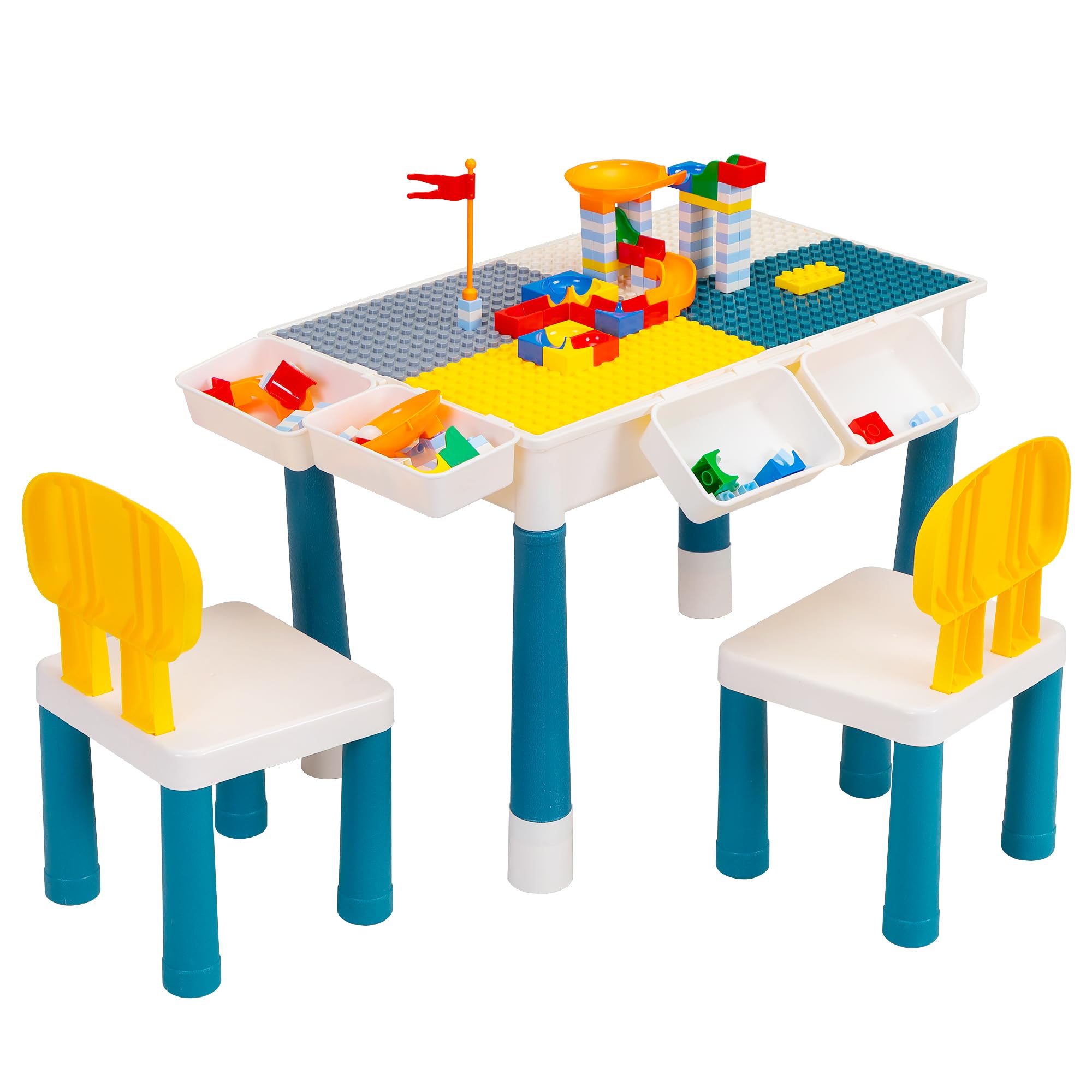 Sandinrayli 7-in-1 Kids Activity Table Set with 2 Chairs & 100Pcs Large Building Blocks - Compatible with Classic Blocks, Water & Sand Play Table, Toddler Learning & Play Center (Macaron) - Perfect for Preschool Classroom, Daycare Centers & Home Playroom Educational Toys
