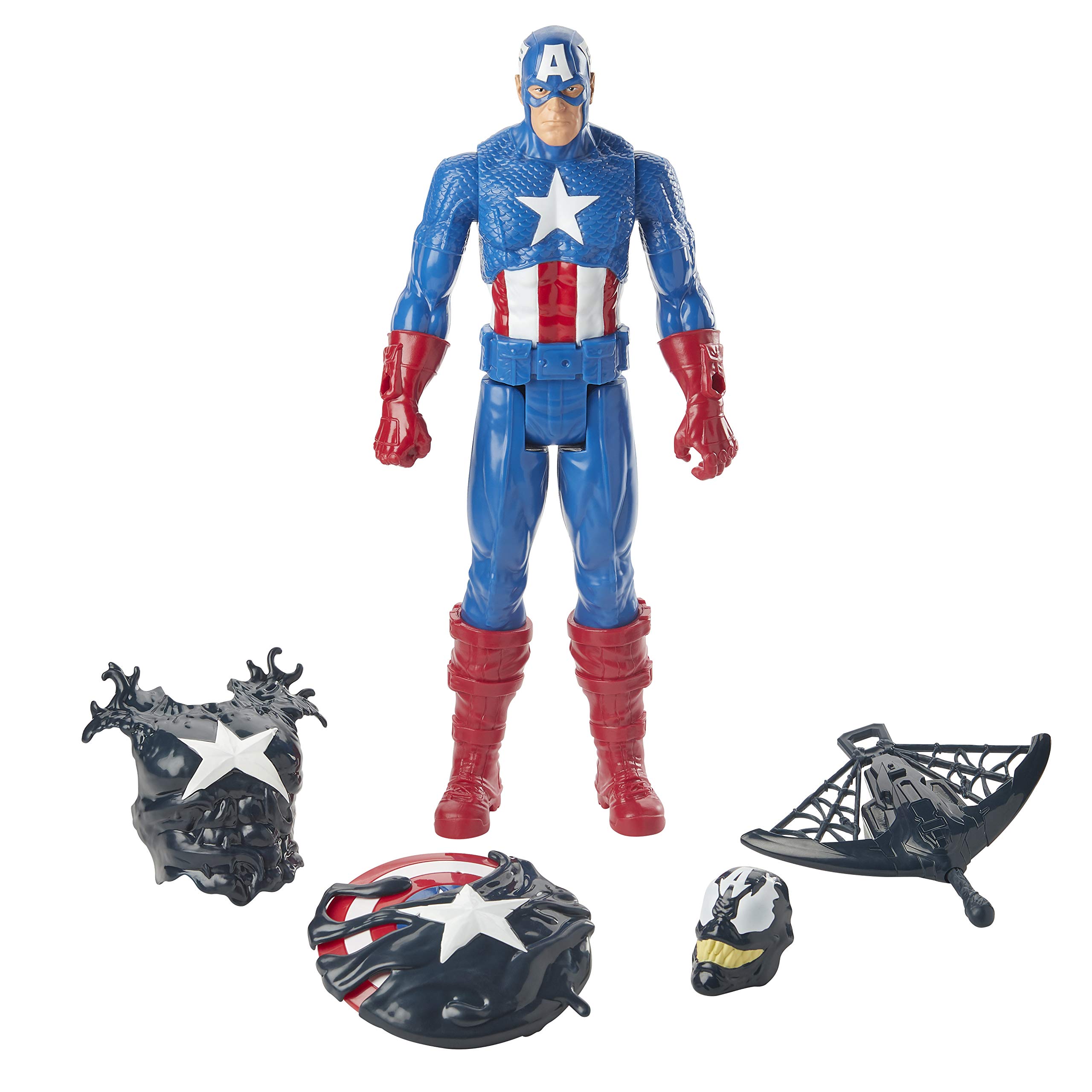 Hasbro E8683 Maximum Venom Titan Hero Series - Venom Captain America Action Figure with Starter, Projectile & 6 Accessories | Marvel Superhero Toy for Kids Ages 4+ | Birthday Gift, Role Play, Collectible Display