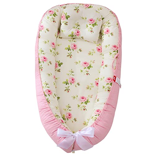 Ultra Soft & Breathable Baby Lounger Sleeper - Co-Sleeping Nest, Portable Travel Bassinet Mattress for Crib | Perfect for Newborn Napping, Travel Essentials & Baby Shower Gifts (Rose Beige) | Ideal for Home, Nursery, Car Trips & Airplane Travel