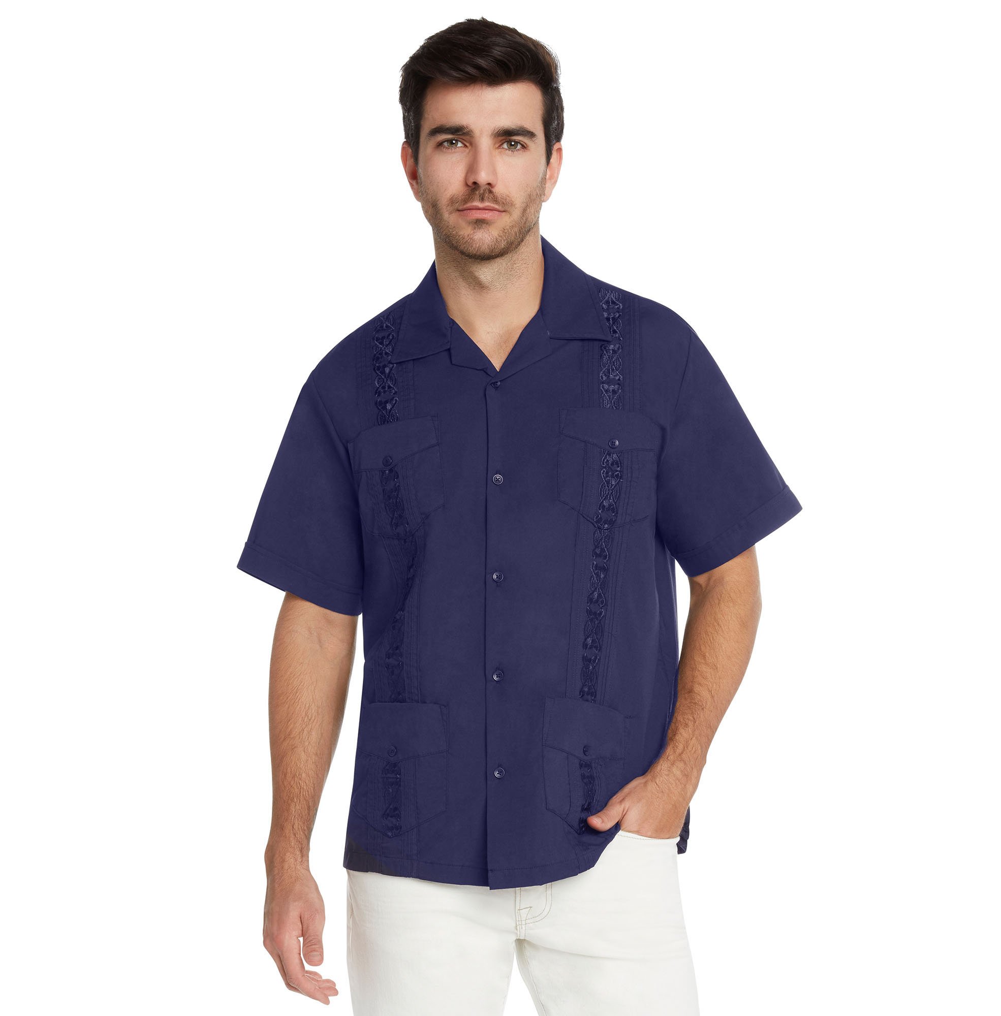 9 Crowns Essentials Men's Guayabera Button Down Shirt - Premium Cotton Short Sleeve Hawaiian Shirt for Summer, Beach & Casual Wear