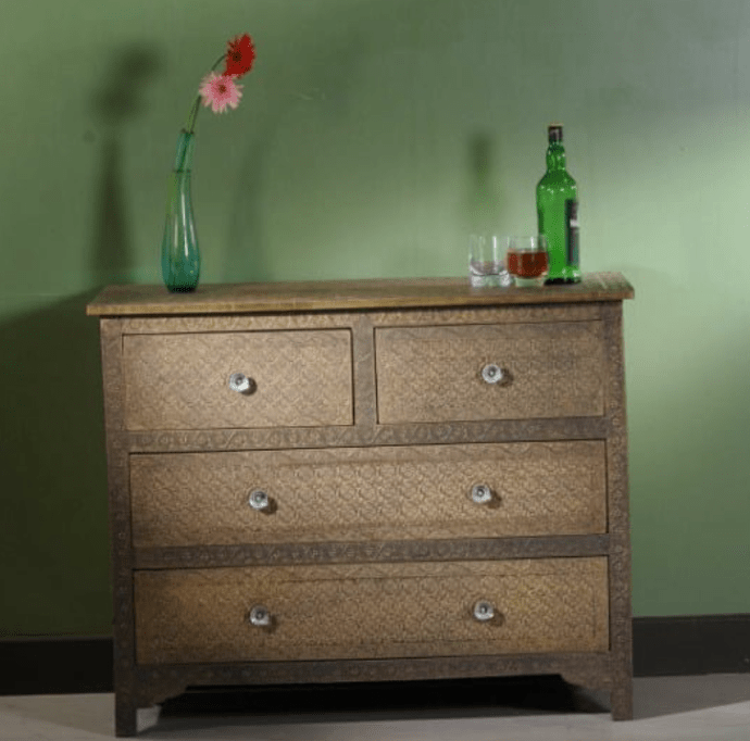 Handmade Embossed Brass Metal 4-Drawer Chest | Vintage Indian Dresser with Four Drawers for Bedroom Storage & Home Decor