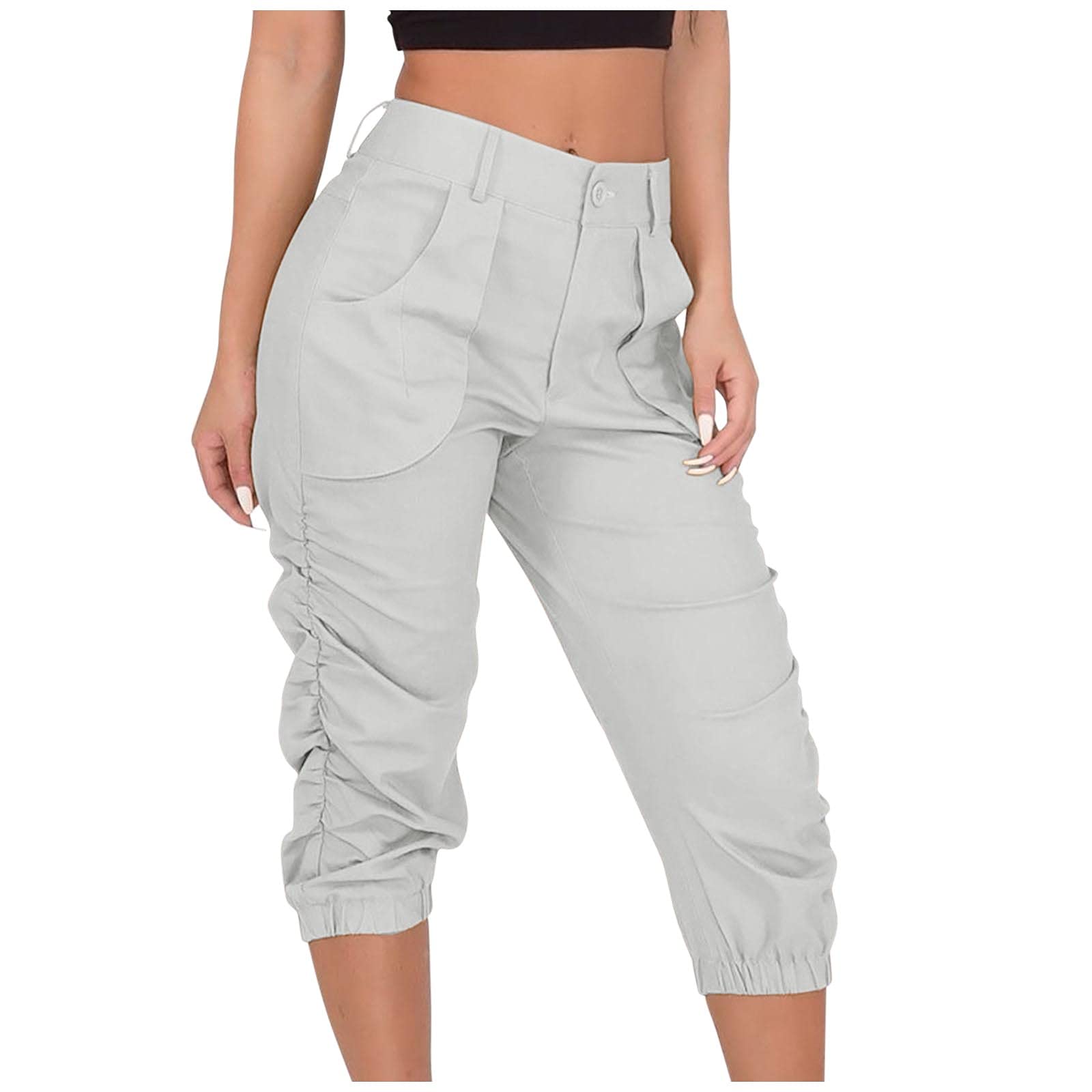 Women's Linen Cropped Harem Pants - Loose Casual Shorts with Pockets, Mid Rise Comfort, Breathable Summer Pants (White, XXL) - Perfect for Yoga, Beach, Lounge & Vacation Wear