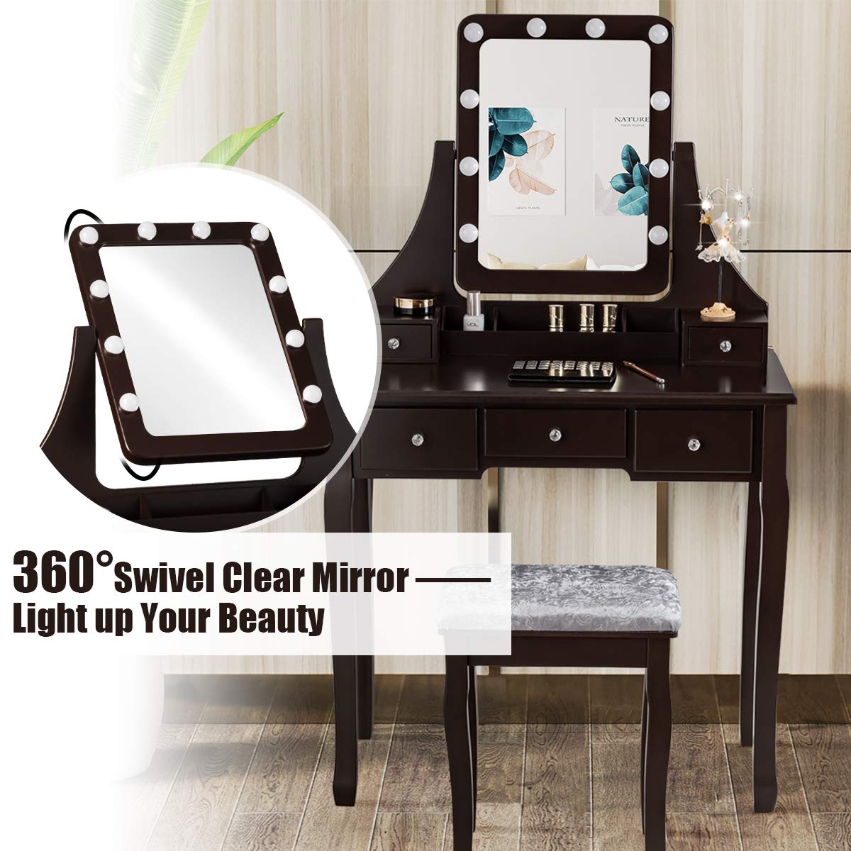 CHARMAID LED Vanity Makeup Desk Set with Lighted Mirror & Stool - 10 Dimmable Bulbs, 5 Drawers, 2 Dividers, 3 Organizers - Espresso Bedroom Dressing Table for Women & Teens | Perfect for Makeup, Skincare & Jewelry Organization