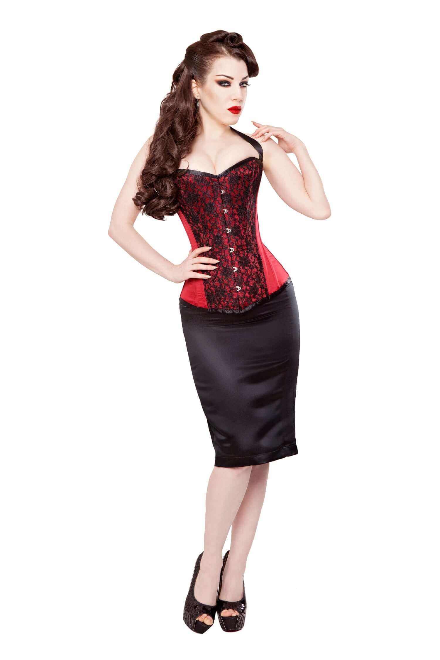 Playgirl Red Duchess Satin Corset With Opulent Lace Overlay - Elegant Waist Training Corset for Women | Perfect for Burlesque, Cosplay & Special Occasions