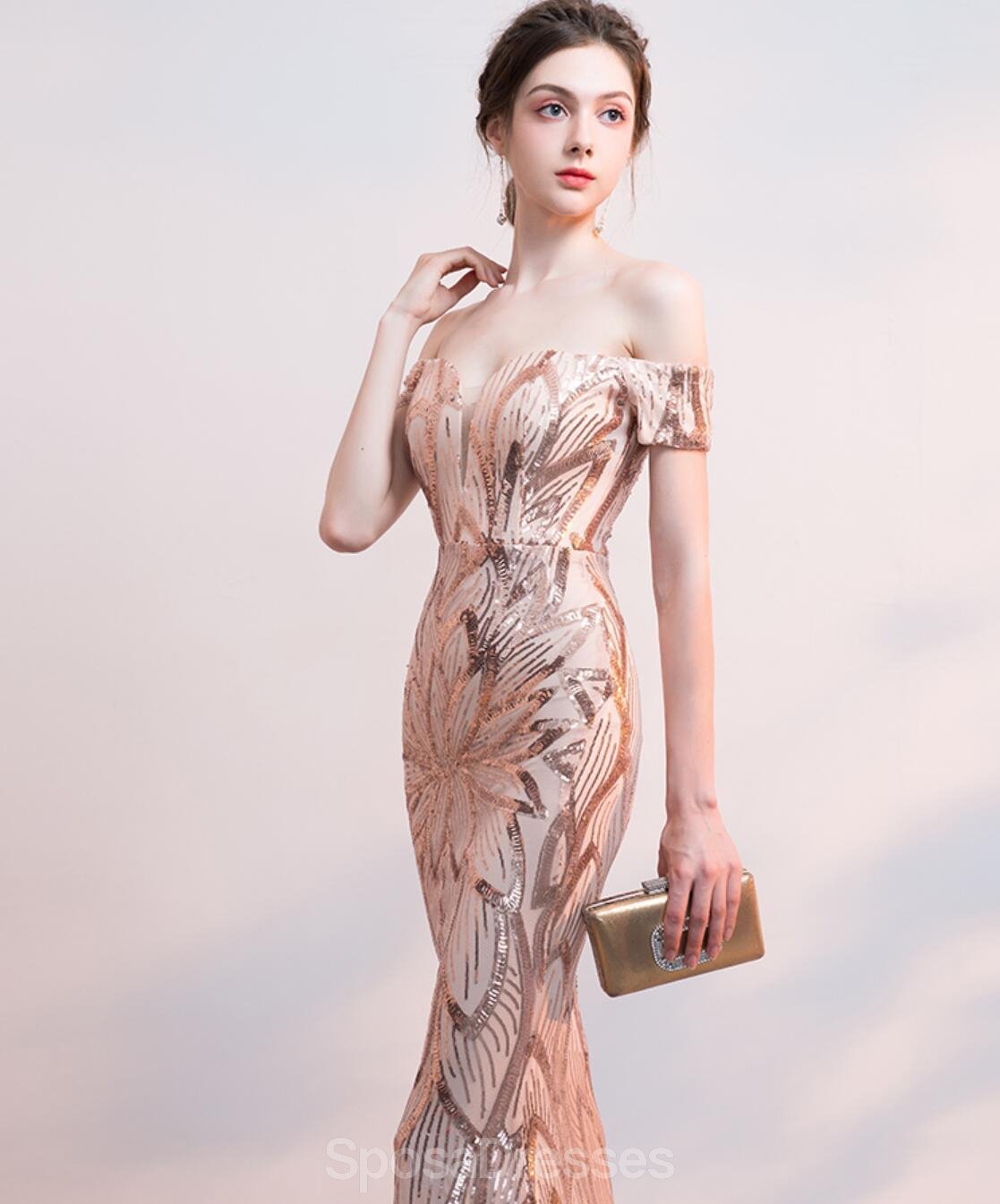 Elegant Off Shoulder Rose Gold Sequin Mermaid Prom Dress for Evening Party & Formal Events - Perfect for Prom, Homecoming, Gala & Special Occasions