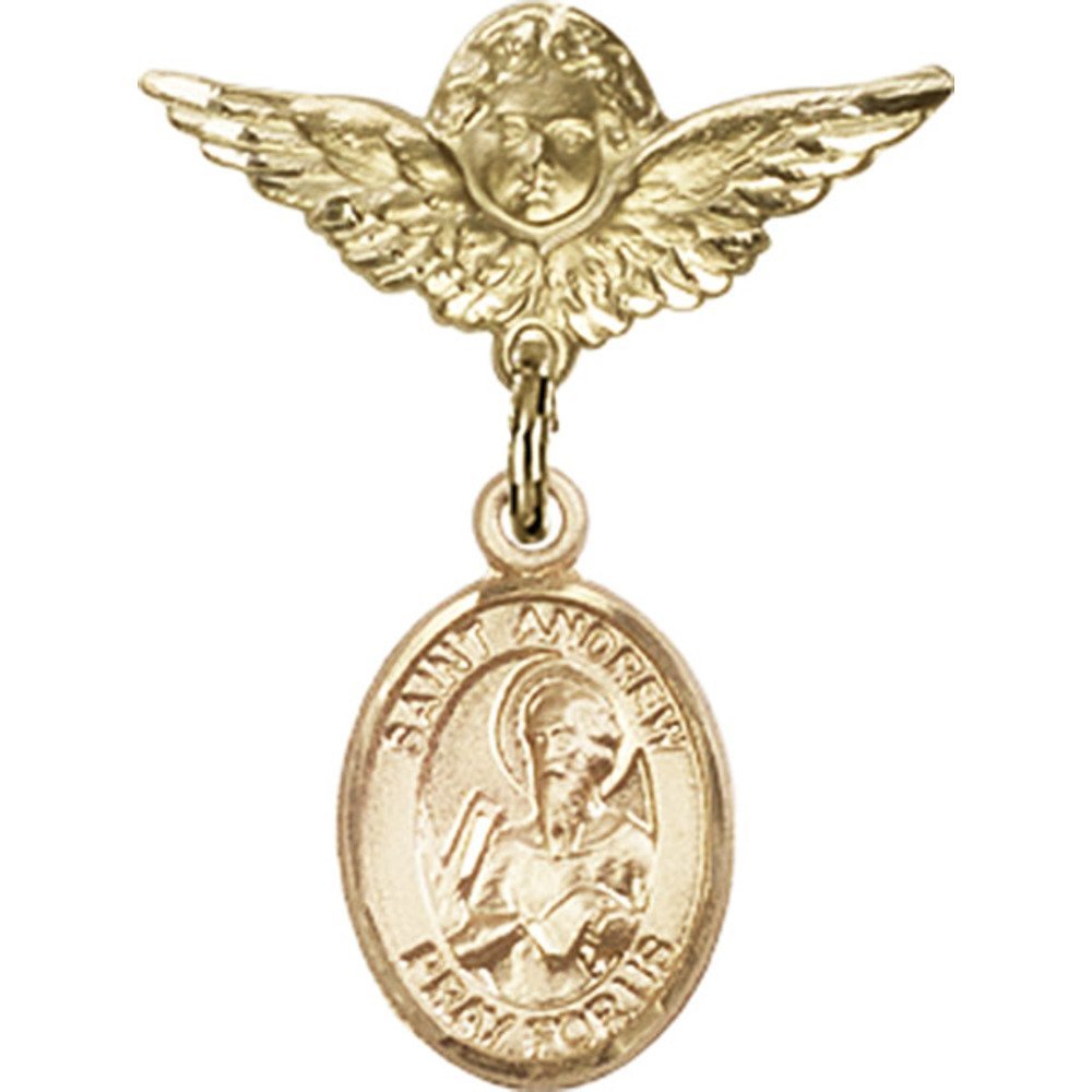 Gold Filled St. Andrew The Apostle & Angel Wing Charm Badge Pin - 1 X 3/4 inches - Perfect for Baby Baptism Gifts, Christening Jewelry & Religious Keepsakes