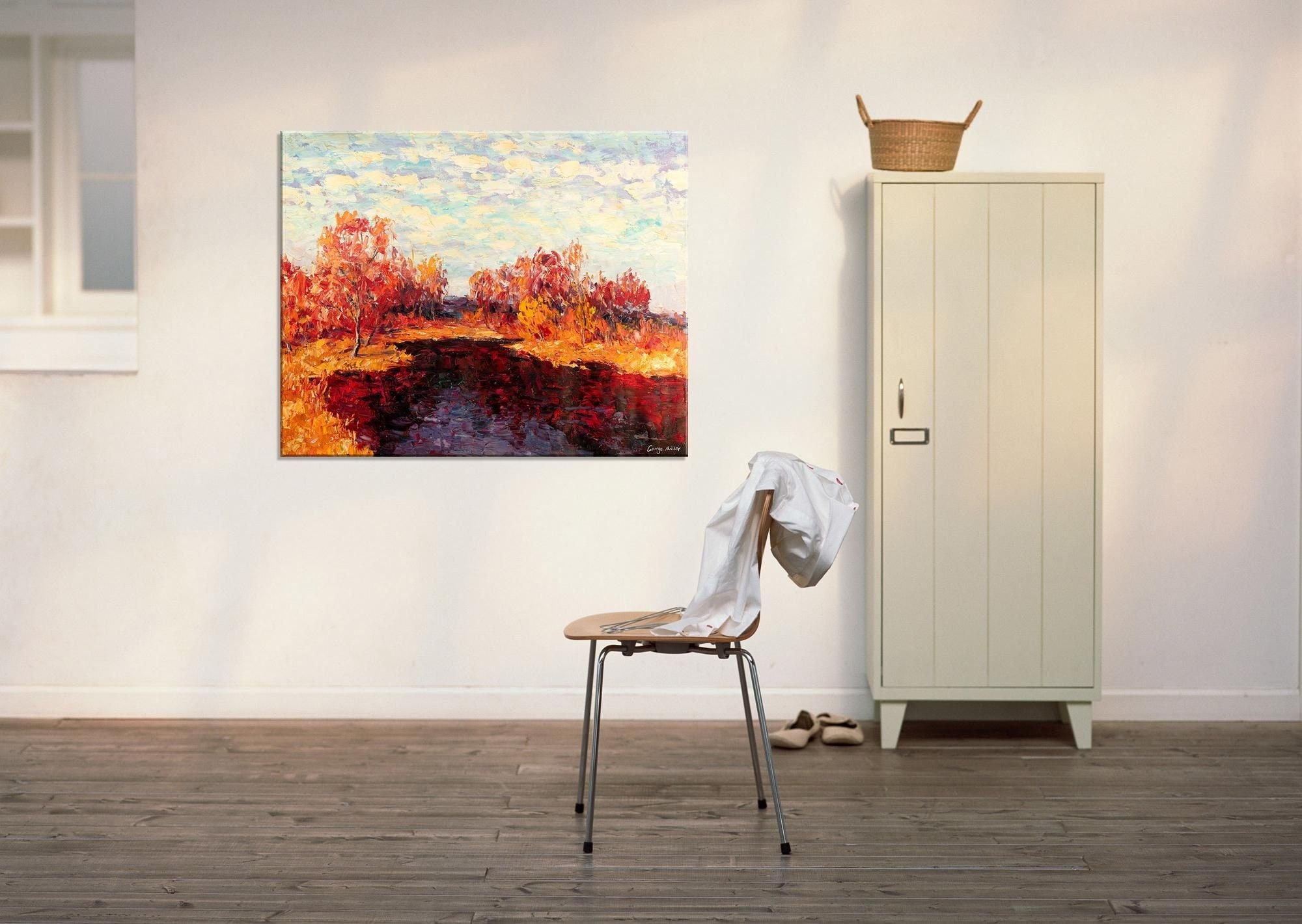 Handmade Oil Painting Autumn Wood Landscape Wall Art - 32x40 Inches Oversized Contemporary Art for Living Room, Bedroom & Office Decor