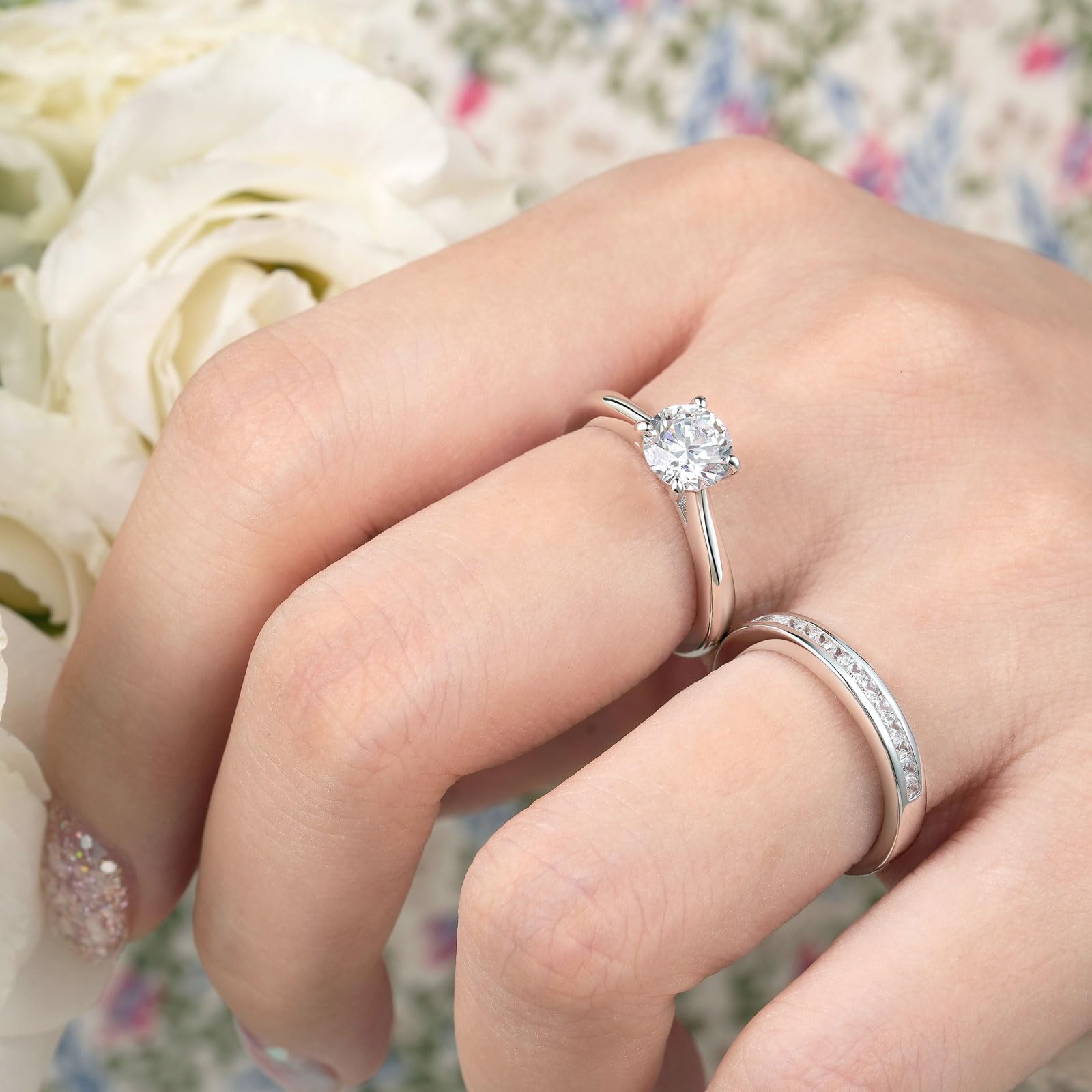SHELOVES Sterling Silver Engagement Ring & Wedding Band Set with Round CZ Cubic Zirconia Solitaire (Size 4.5-13) - Perfect for Proposals, Anniversaries & Bridal Jewelry Gifts