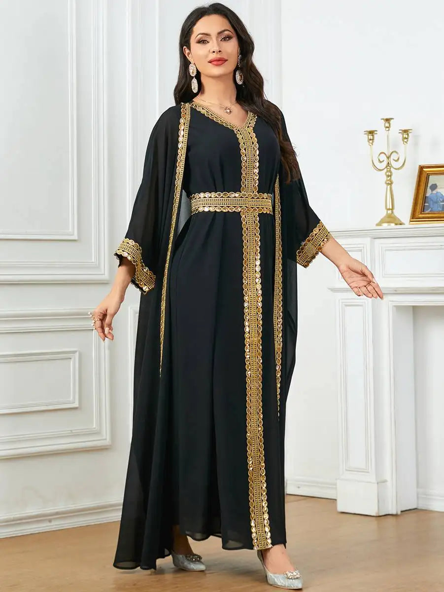 Elegant Eid Chiffon 2-Piece Caftan Dress Set with Sleeveless Inner Dress - Perfect for Muslim Women's Holiday Celebrations, Special Occasions & Summer Outfits