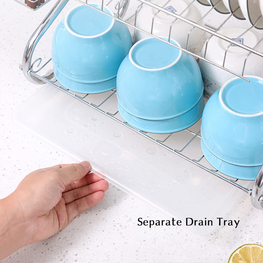 Stainless Steel 2-Tier Dish Drying Rack with Drainboard - Kitchen Counter Organizer for Utensils & Cups