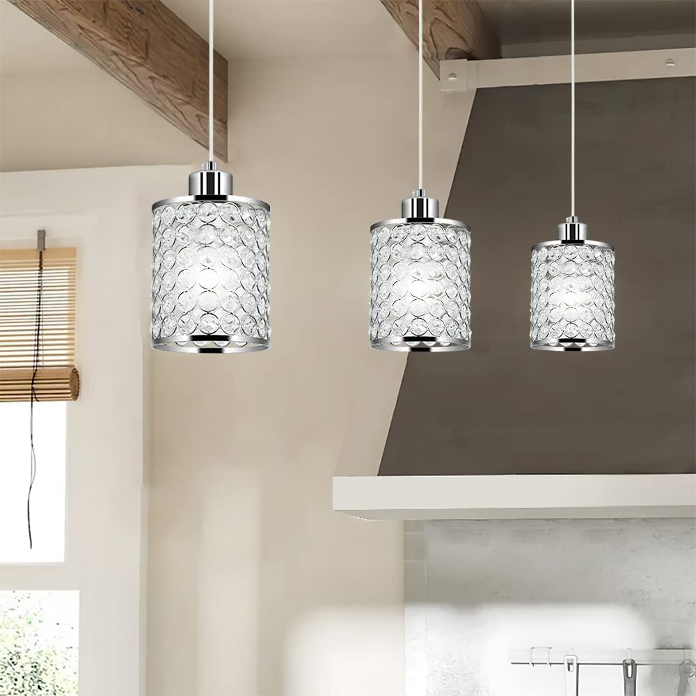 Modern Crystal Pendant Light Fixture - 1-Light Chrome Finish Hanging Chandelier for Dining Room, Kitchen Island, or Entryway Lighting
