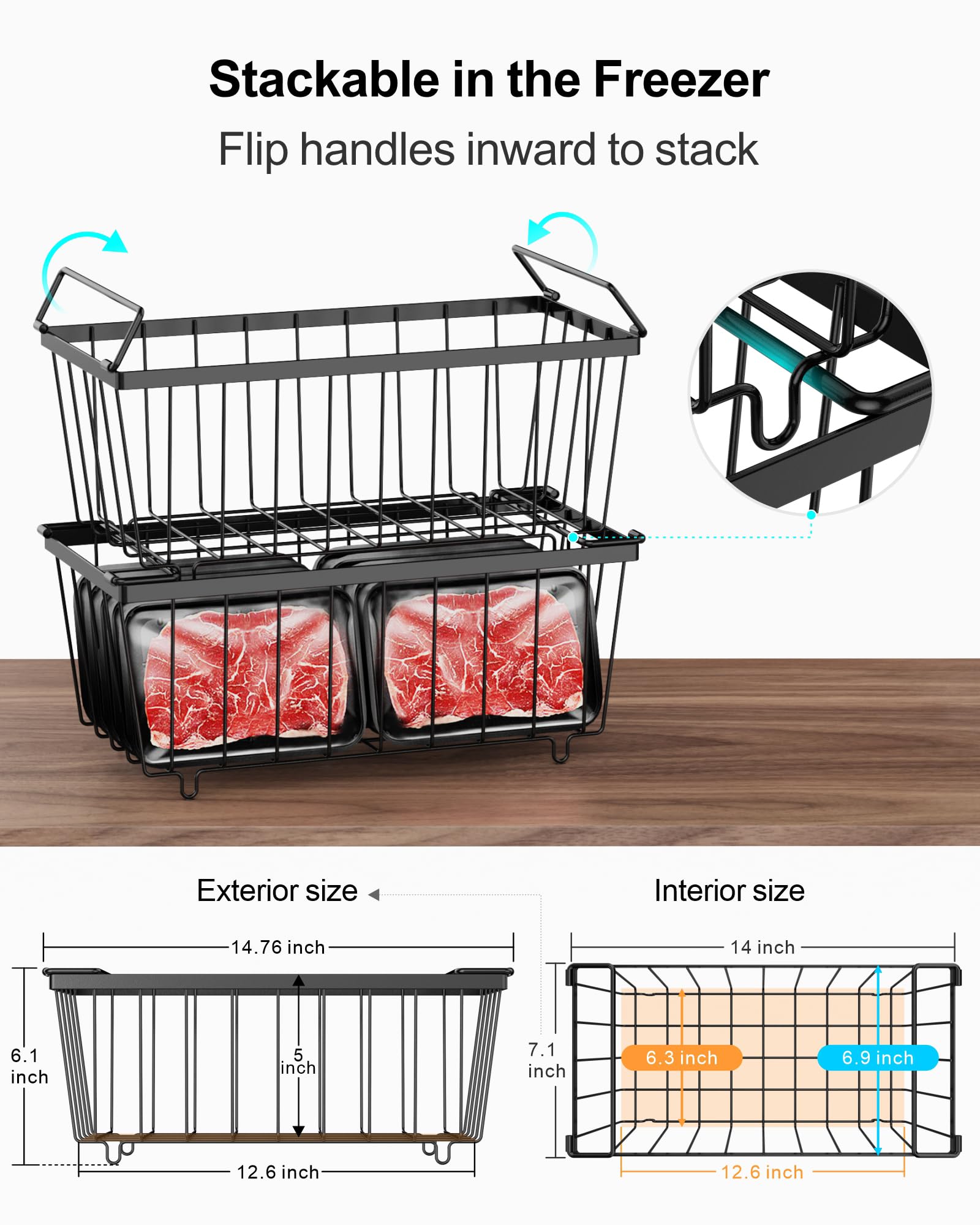 iSPECLE 4 Pack Stackable Freezer Organizer Bins for 7 Cu.Ft Chest Freezers - Small Deep Freezer Storage Containers to Prevent Food Waste & Easily Access Bottom Foods - Perfect for Frozen Meal Prep, Ice Cream Storage & Bulk Food Organization (Black)