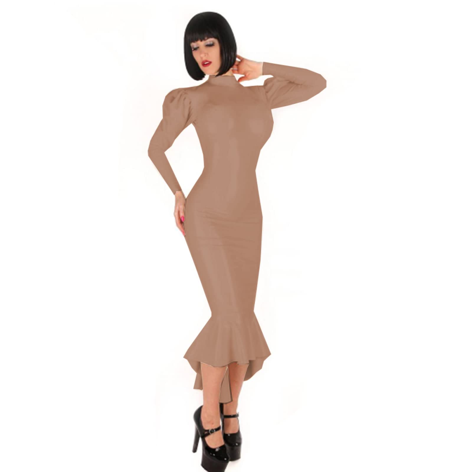 Sexy Women's Long Puff Sleeve PVC Latex Party Dress - High Neck Clubwear for Autumn & Spring - Light Brown 6XL | Perfect for Nightclub, Cosplay & Fashion Events