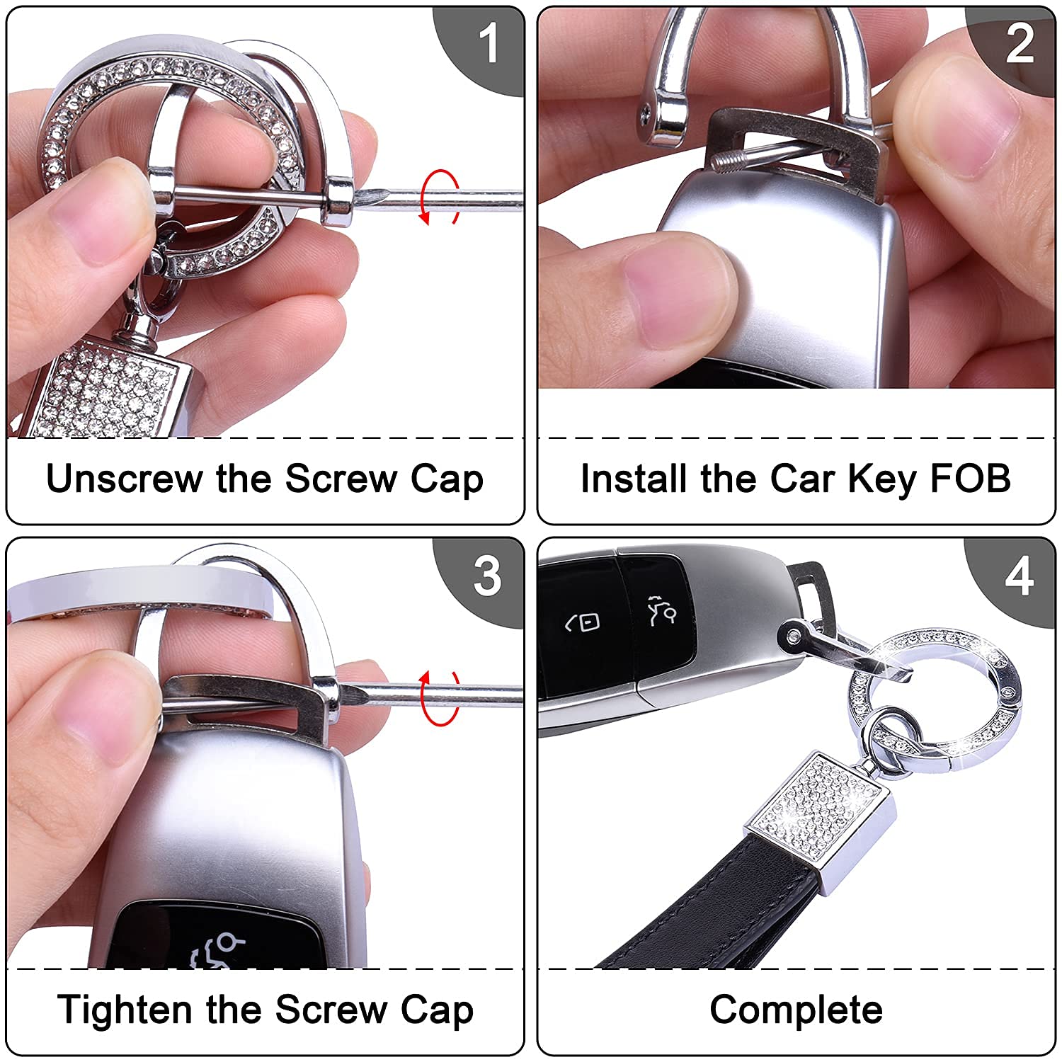 Premium Bling Leather Car Keychain for Women - Universal Genuine Leather Key FOB with Anti-Lost D-Ring & 2 Keyrings (Black) | Perfect Gift for Car Owners, Great for Key Organization & Style Enhancement