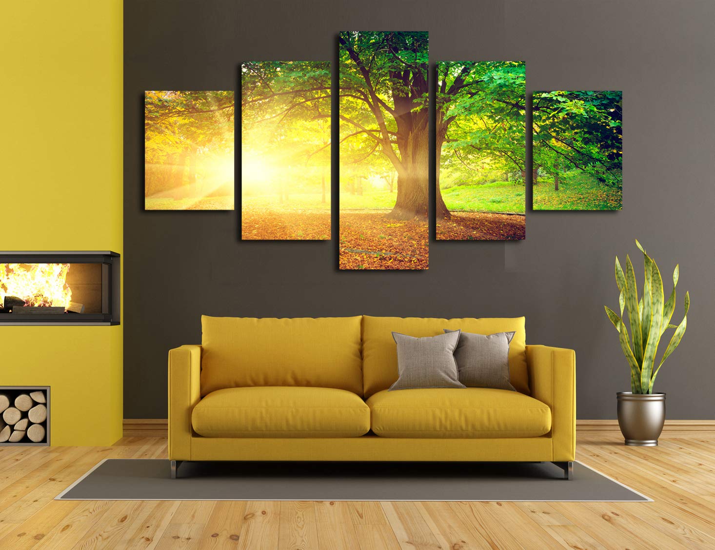 5-Panel Sunset Trees Canvas Wall Art - Framed Forest Print for Bedroom & Office Decor