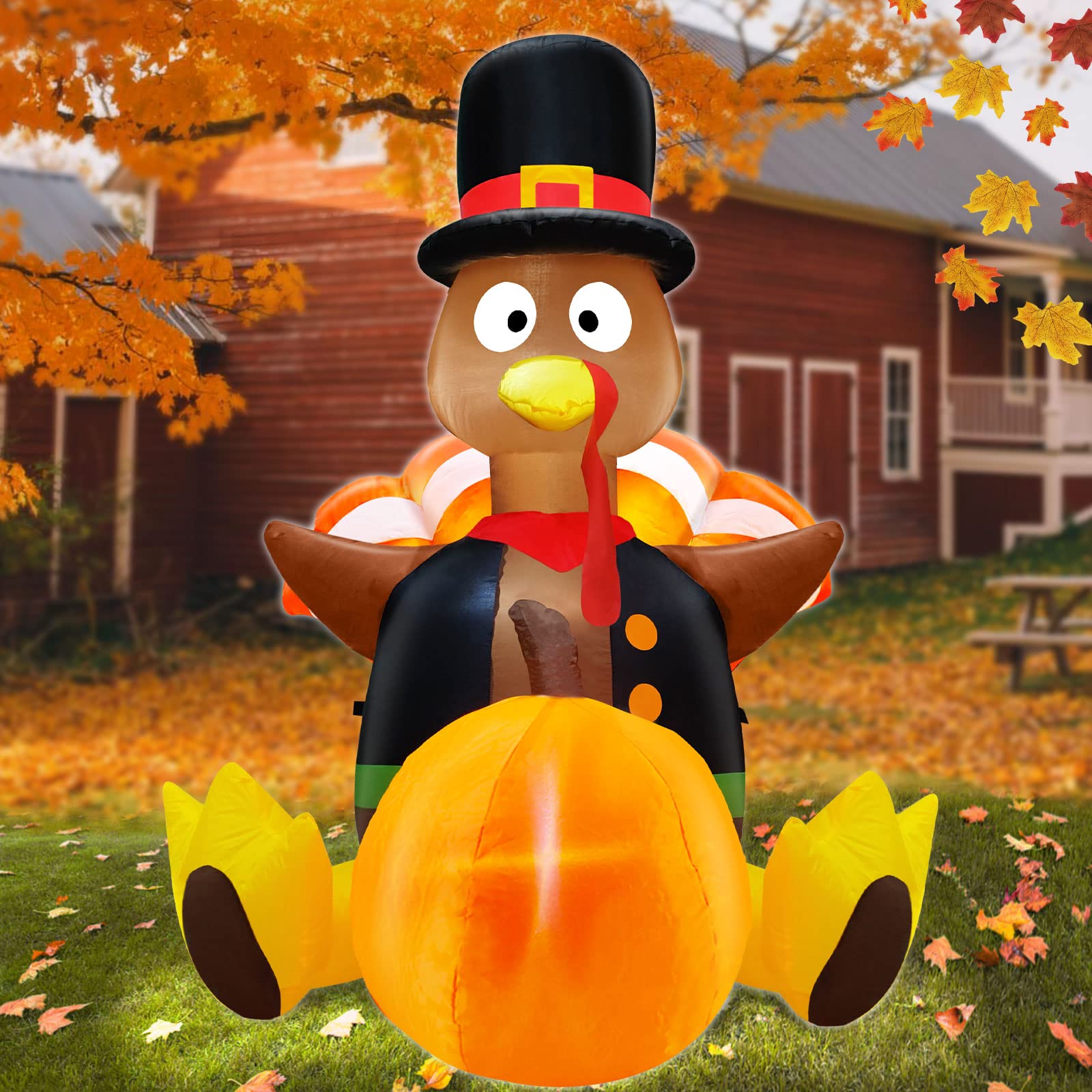4ft Inflatable Outdoor Thanksgiving Turkey Decoration with Pumpkin & Built-in LED Lights - Holiday Yard Decoration for Lawn, Garden, Halloween & Christmas Parties | Perfect for Fall Decor & Seasonal Celebrations
