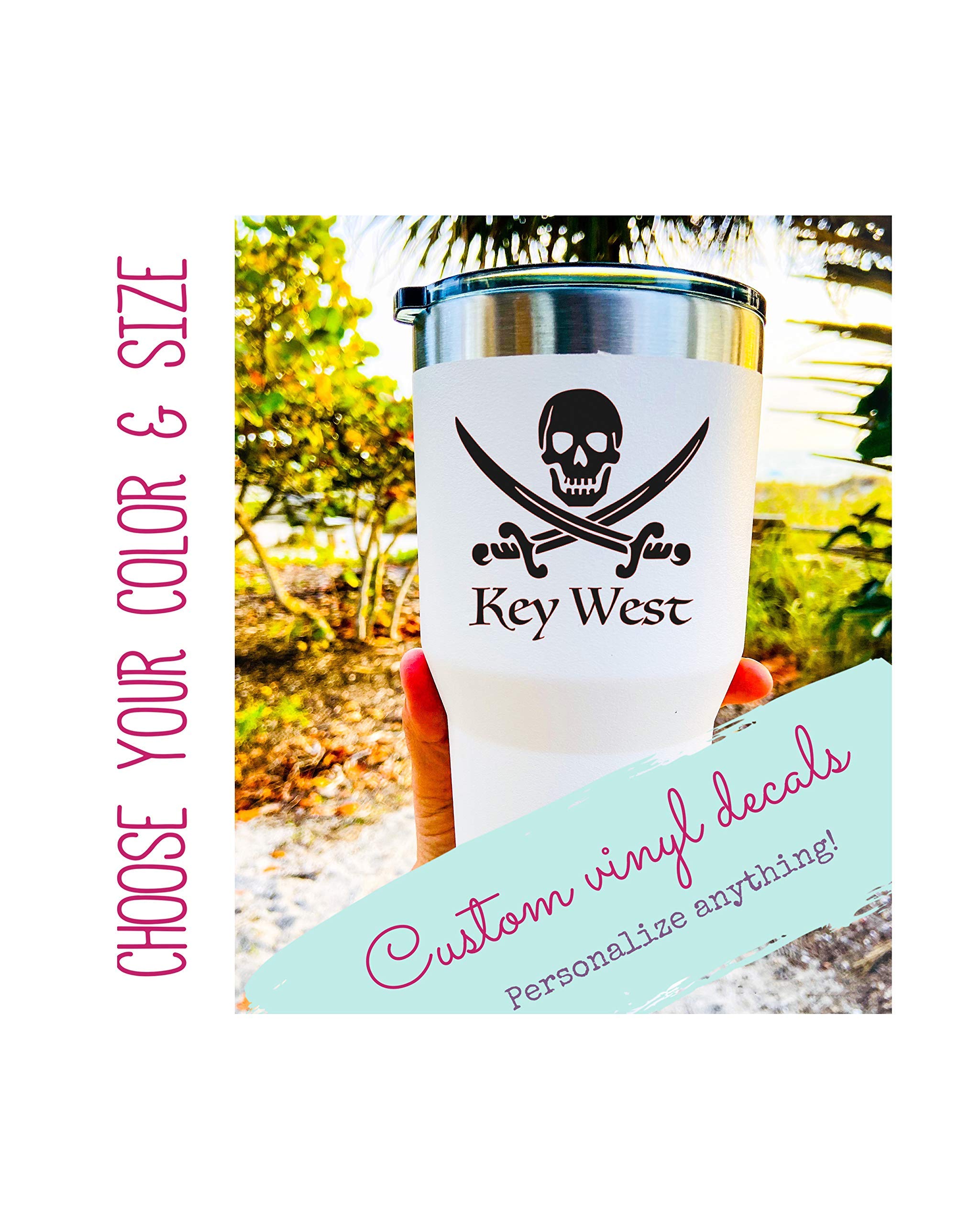 Custom Key West Jolly Roger Vinyl Decal - Pirate Design Bumper Sticker for Coolers, Boats, Laptops, Car Windows - Perfect for Outdoor Adventures, Nautical Decor, and Personalizing Your Gear