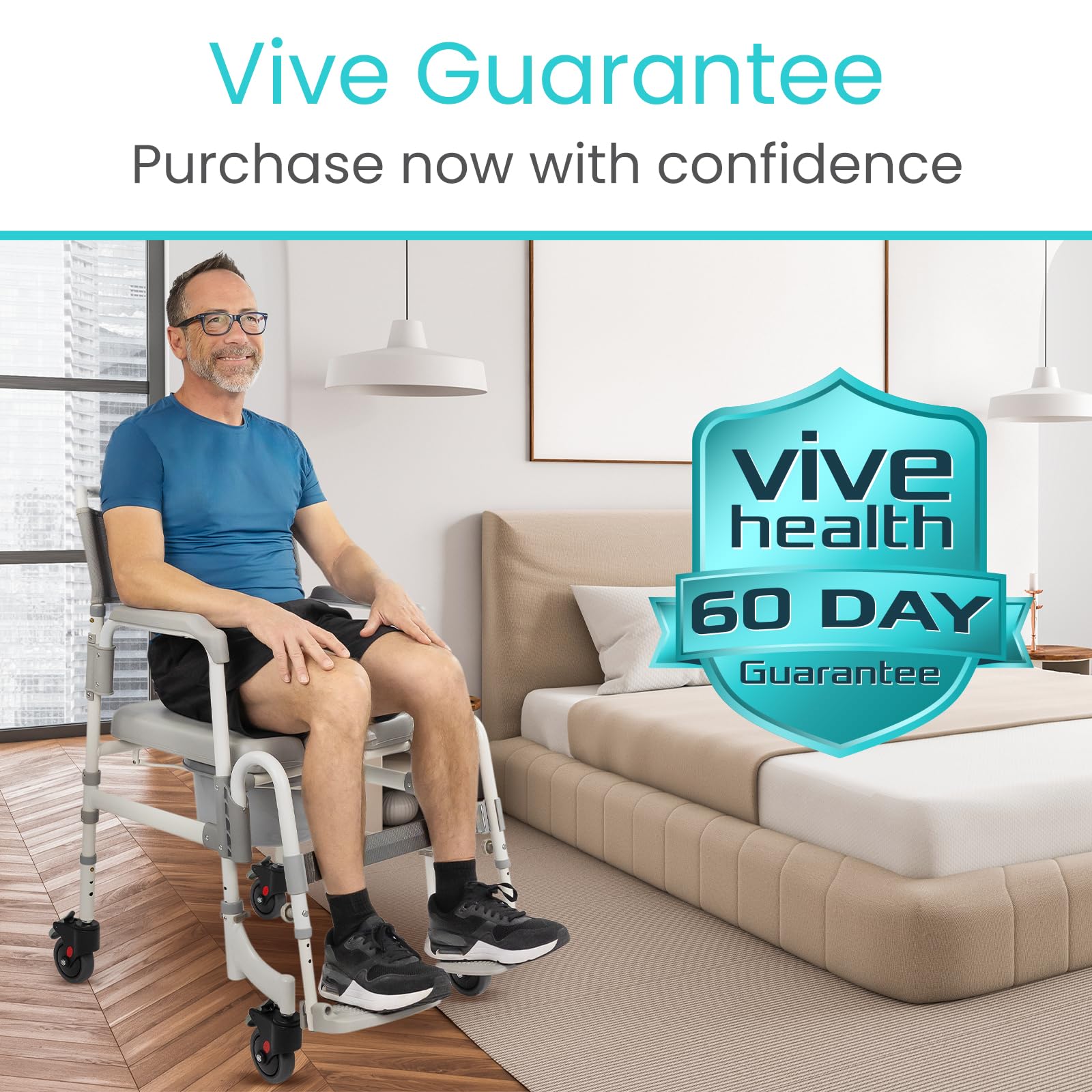Vive 3-in-1 Rolling Commode & Shower Chair with Wheels - Adjustable Height Transport Wheelchair for Bathroom & Bedside Use - Mobility Aid for Disabled Adults, Elderly & Seniors - FSA/HSA Eligible - Ideal for Home Care, Post-Surgery Recovery & Assisted Living Facilities